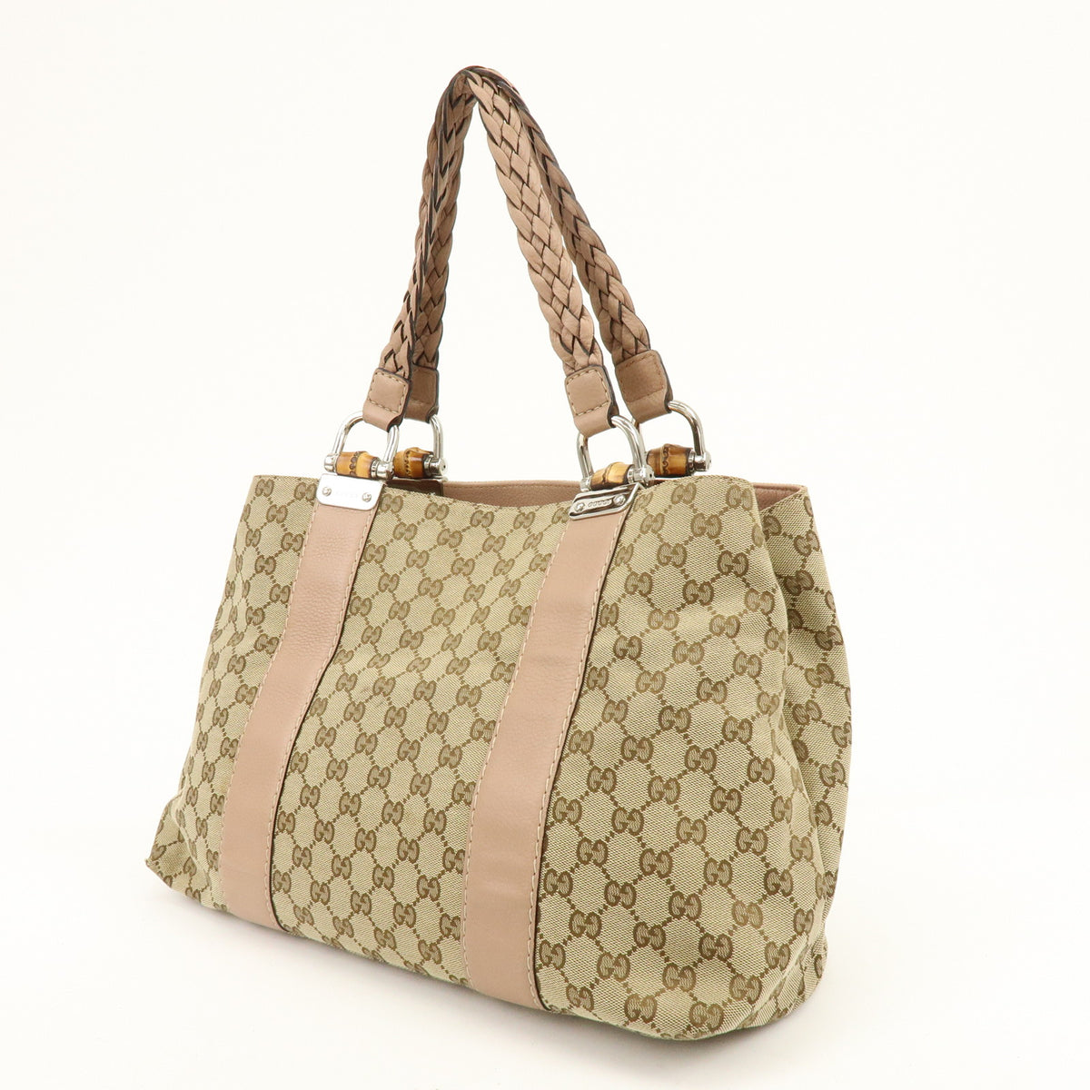 GUCCI Bamboo GG Canvas Leather Tote Bag Beige Brown Pink 232947