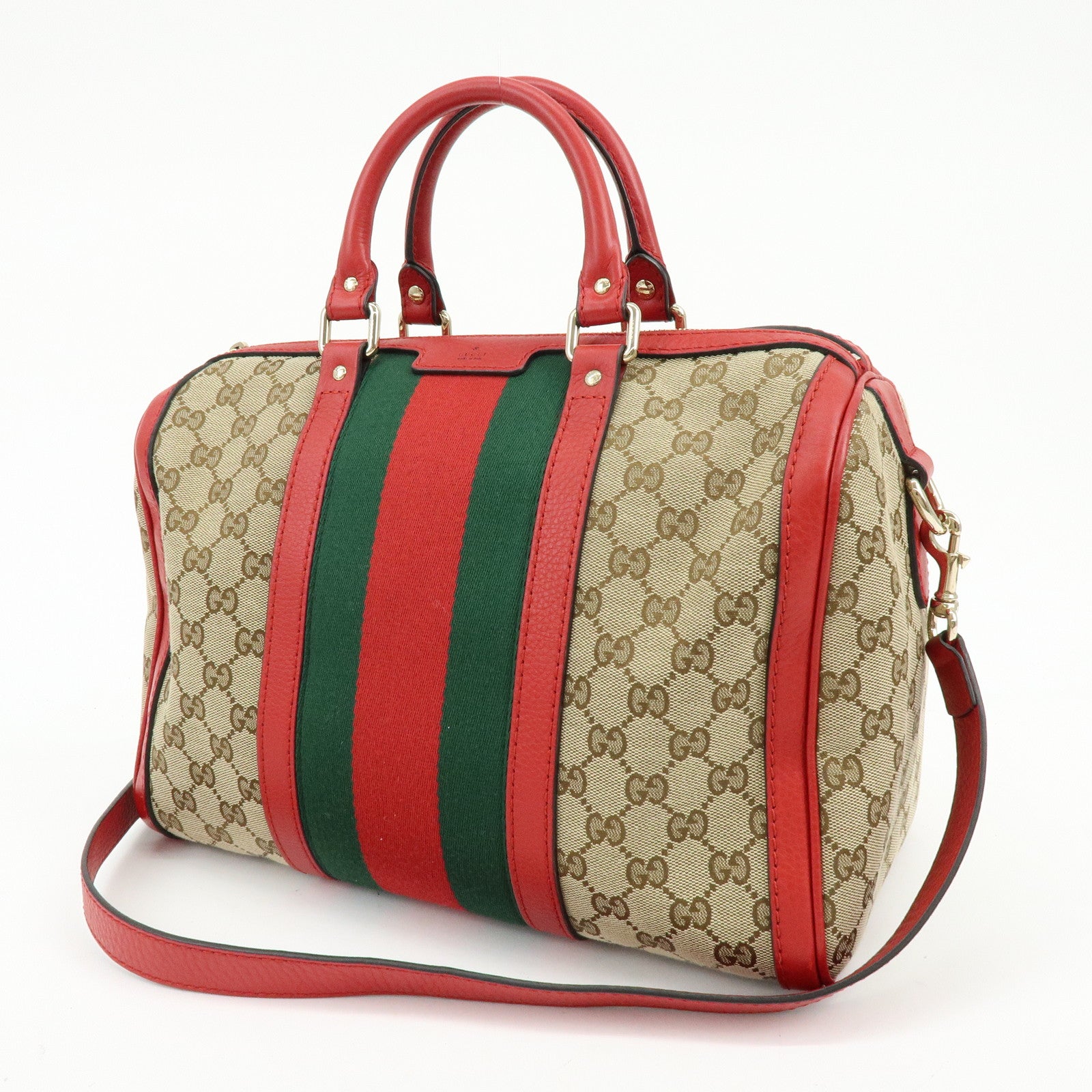 GUCCI Sherry GG Canvas Leather 2Way Bag Boston Bag Beige Red 247205