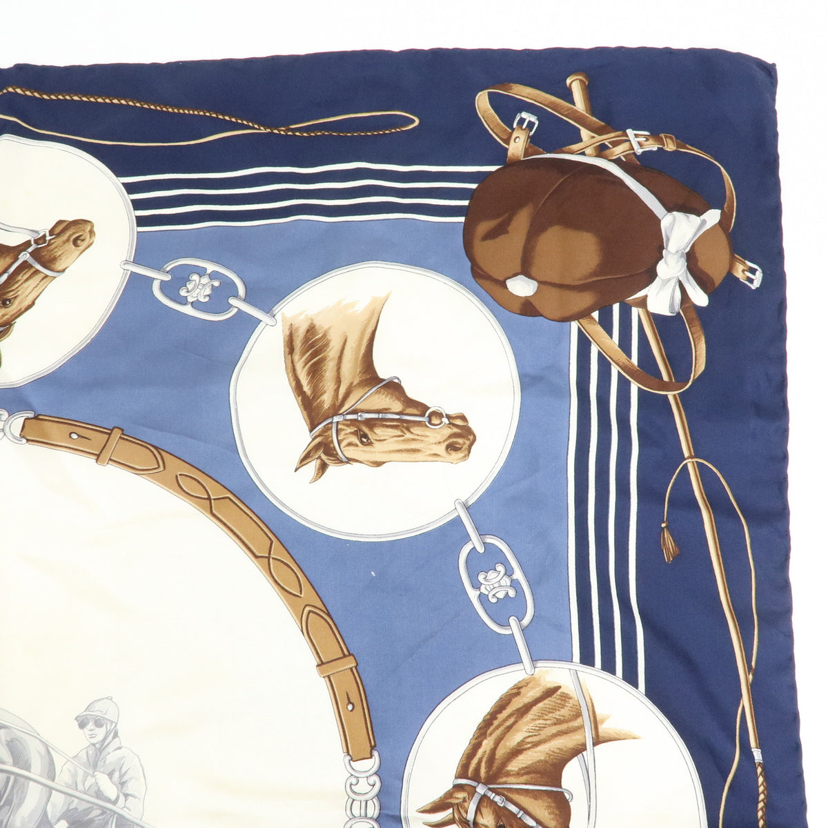 CELINE Lot of 2 Silk 100% Scarf Horse Motif Navy Black Gold White