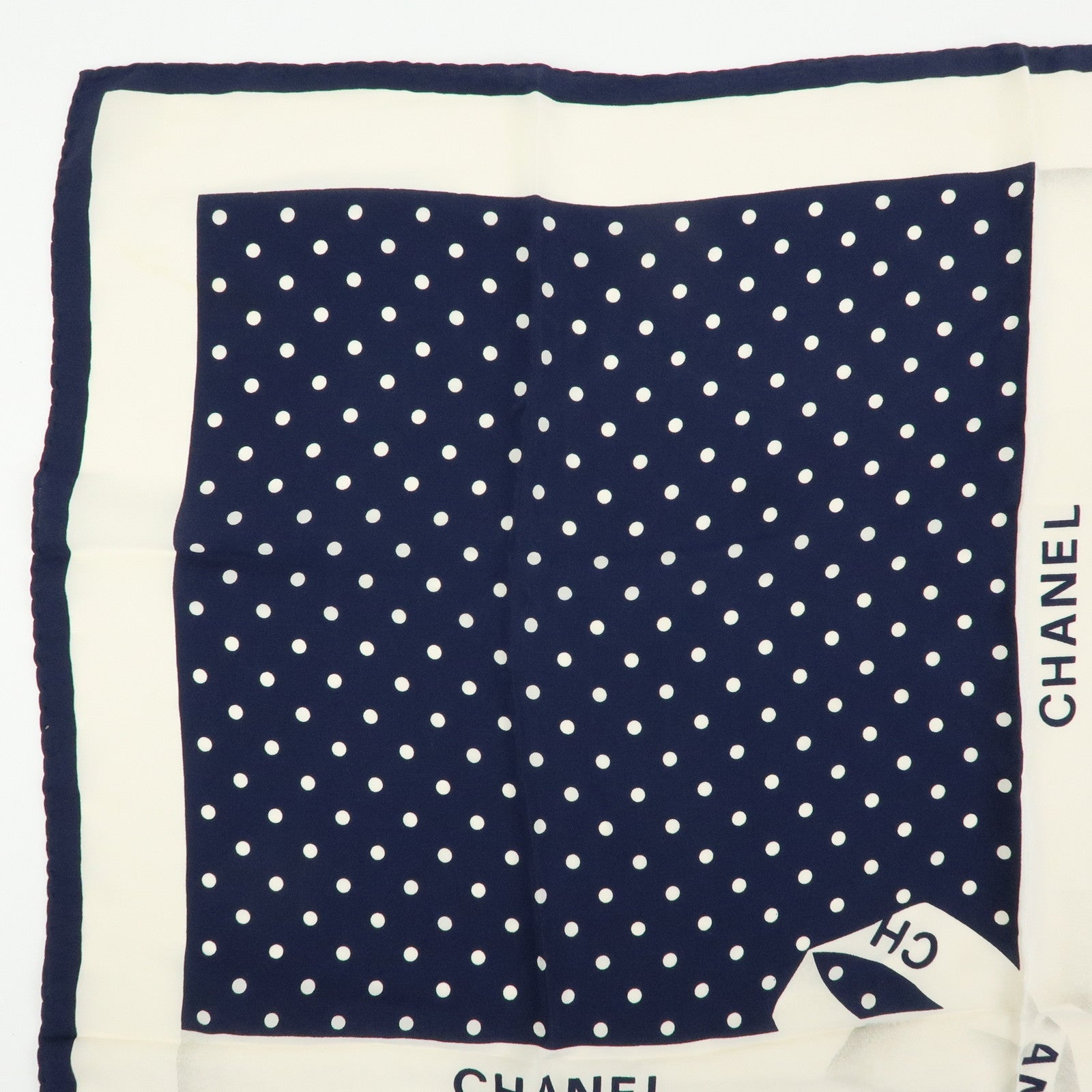 CHANEL Silk 100% Scarf Poka Dots Ribbon Design White Navy