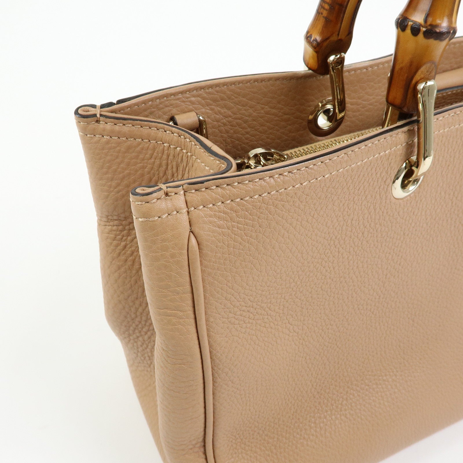 GUCCI Bamboo Shopper Medium Leather 2WAY Tote Bag Pink Beige 323660