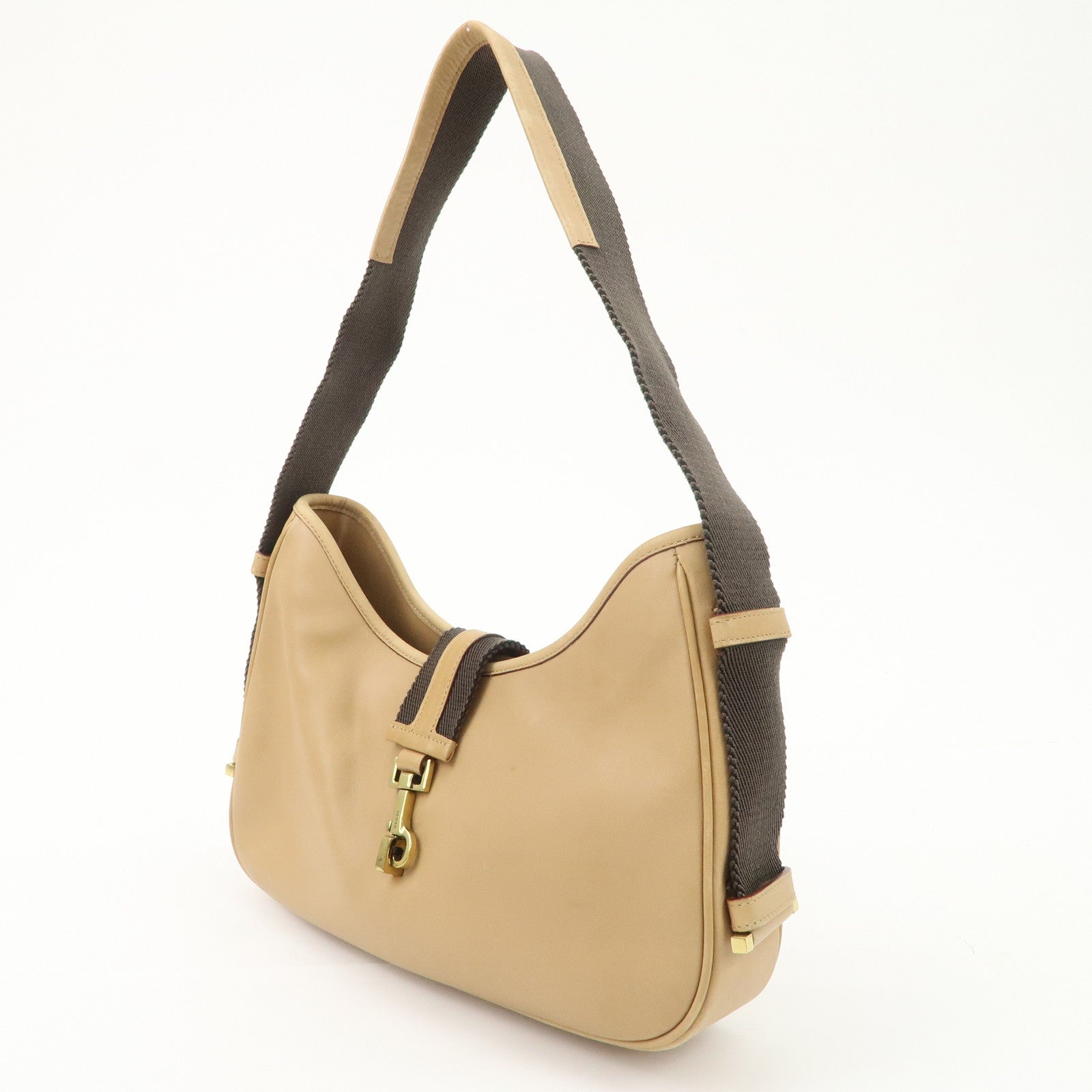 GUCCI Leather Shoulder Bag Beige Gold HDW 92736 Used