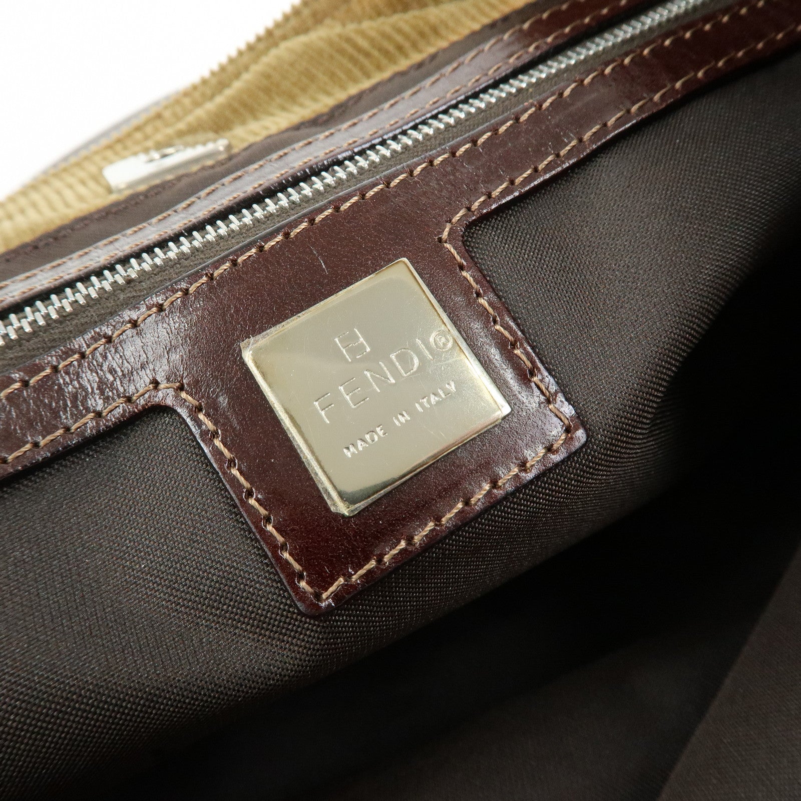 FENDI Corduroy Leather Hand Bag Mini Tote Bag Khaki 26693