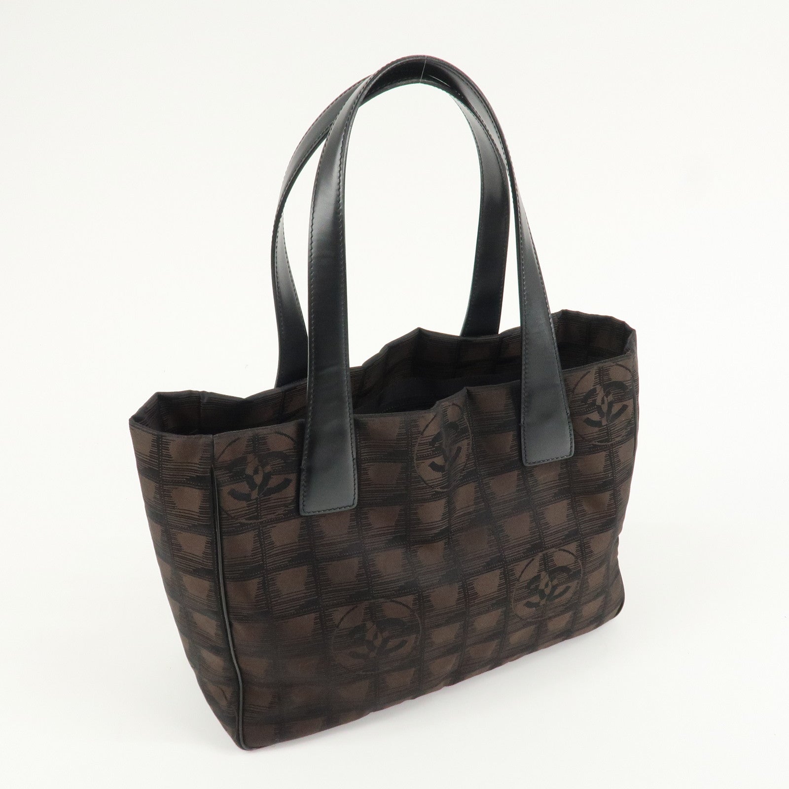 CHANEL New Travel Line Nylon Jacquard Leather Tote PM Dark Brown A20457 Used