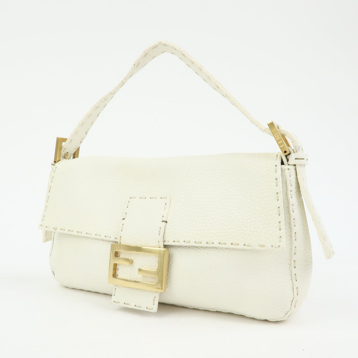 FENDI Selleria Mamma Baguette Leather Hand Bag White 8BR101
