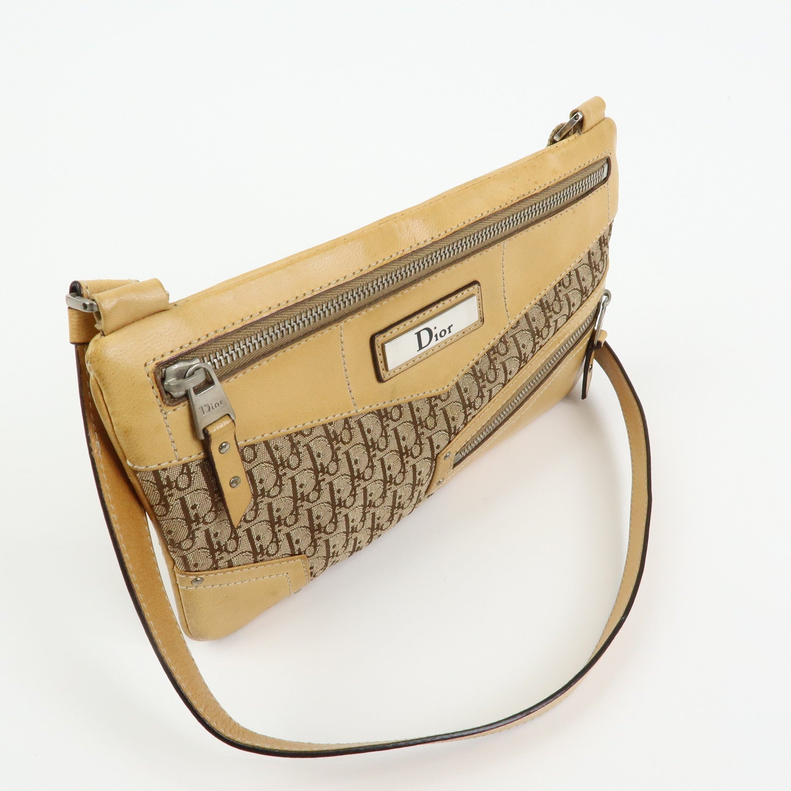 Christian Dior Trotter Street Chic Canvas Leather Shoulder Bag Beige