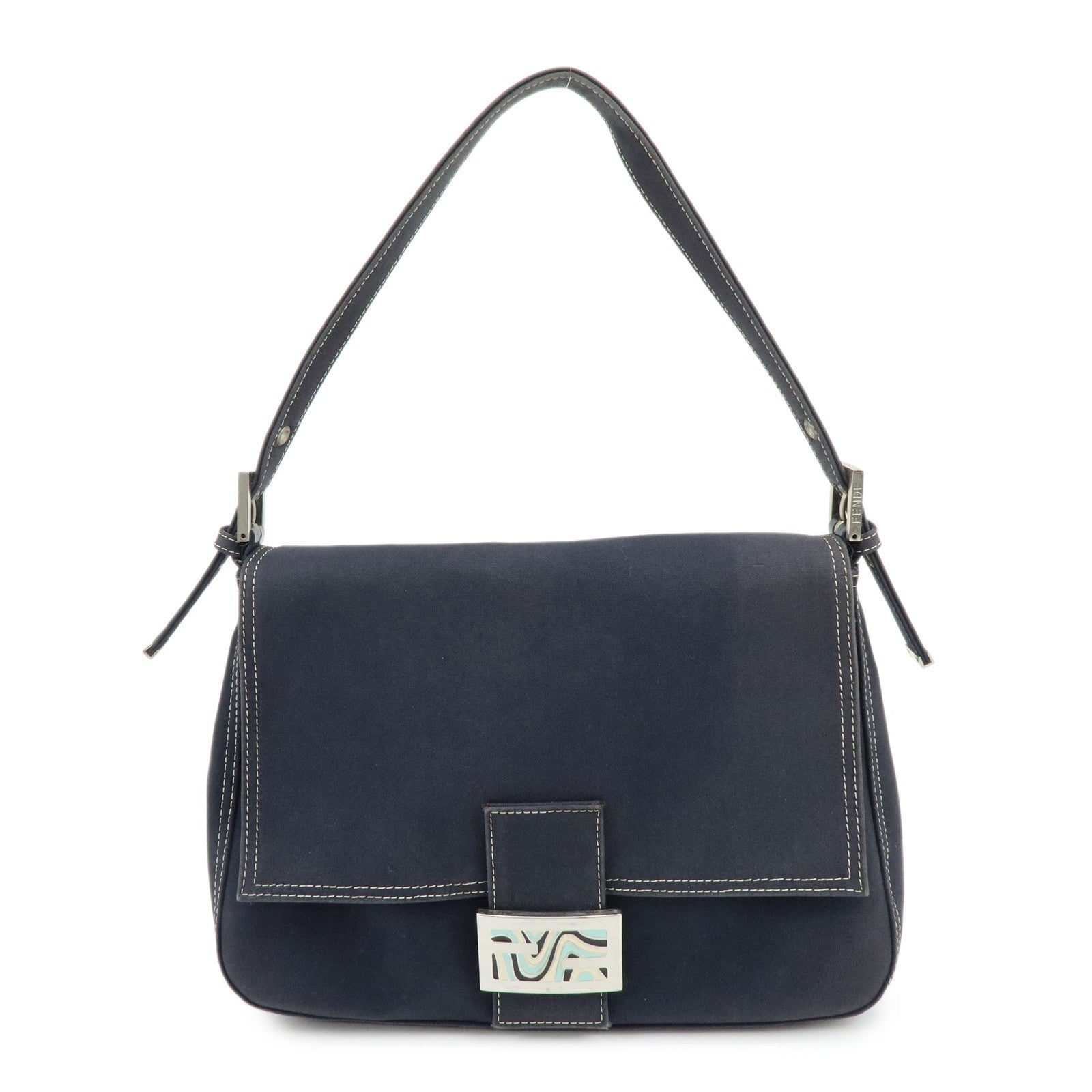 FENDI Mamma Baguette Canvas Shoulder Bag Marble Motif Navy  8BR001