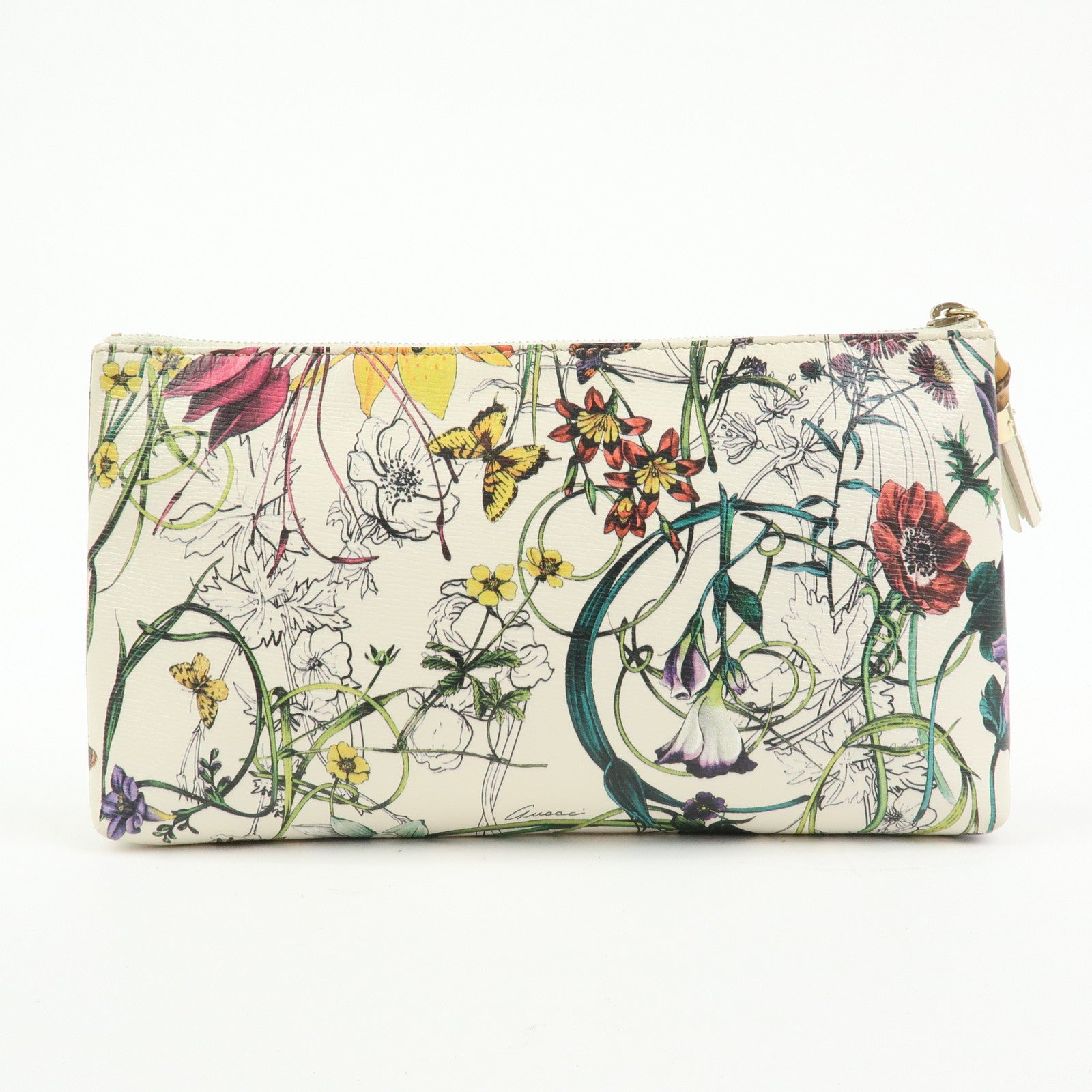 GUCCI Flora Bamboo Leather Cosmetic Accessory Pouch Ivory 338815