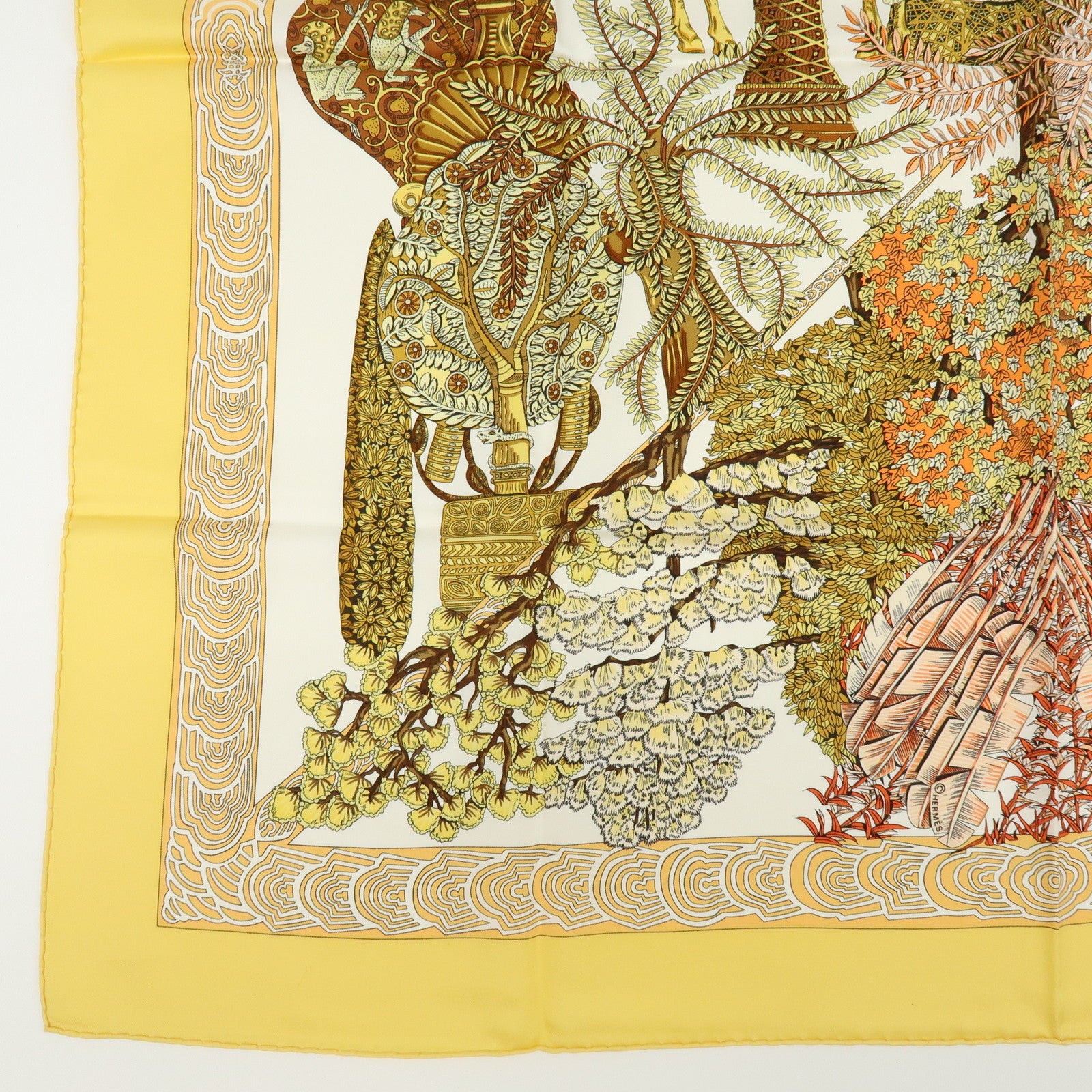 HERMES Carre 90 Silk 100% Scarf LES LEJENDES DE L'ARBRE Yellow Brown