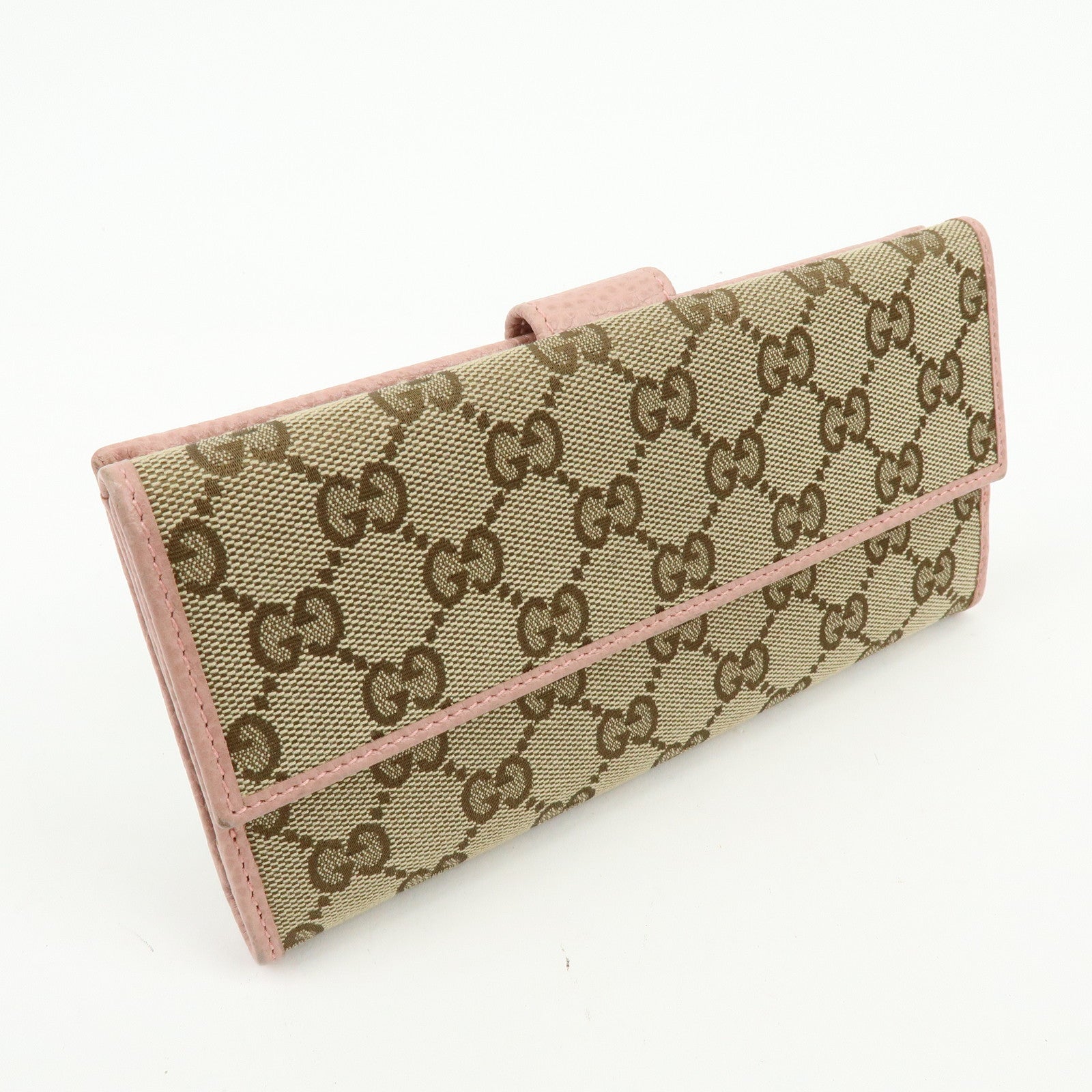 GUCCI GG Canvas Leather W Hook Bi-fold Long Wallet Beige Pink 231841