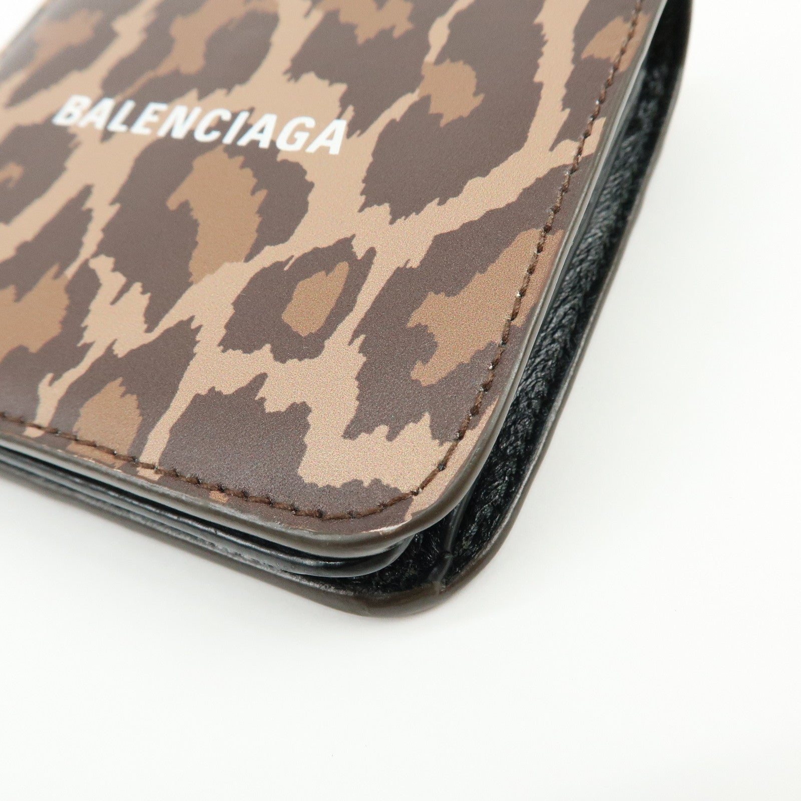 Balenciaga Leather Bi-Fold Compact Wallet Leopard Motif Brown