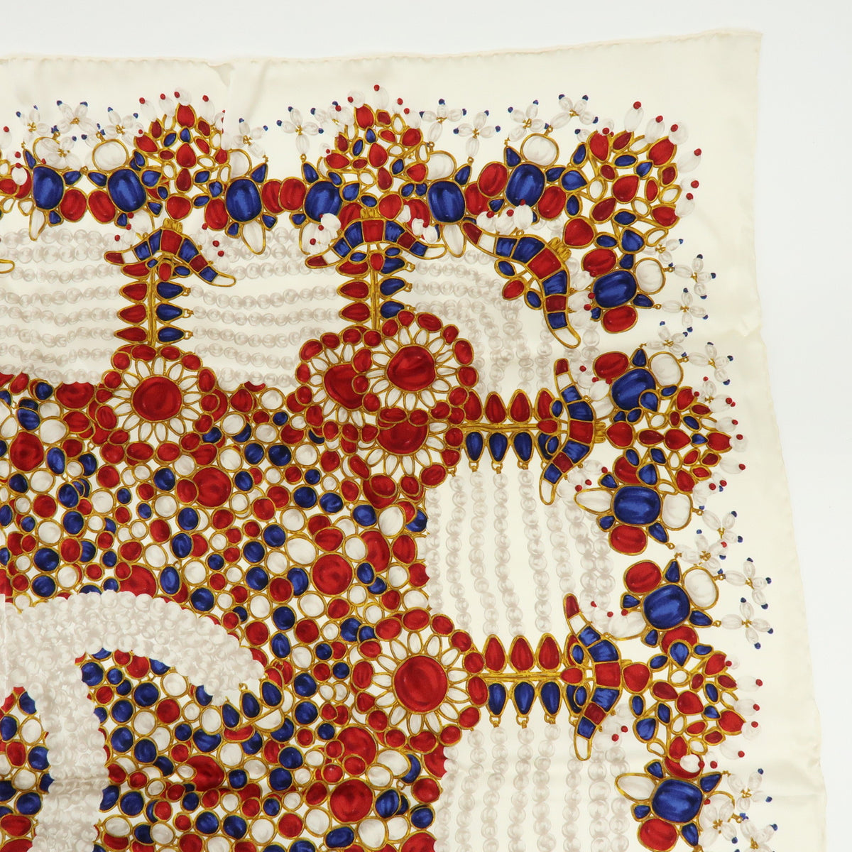 CHANEL COCO Mark Silk 100% Scarf Pearl Jewerly Motif White Red Blue