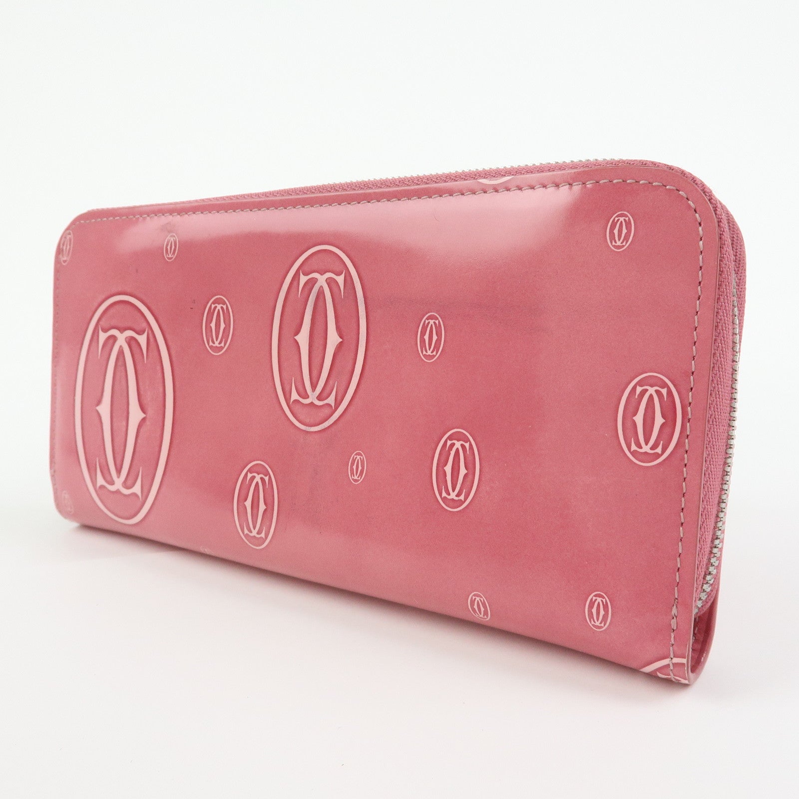 Cartier Happy Birthday Patent Leather Round Zippy Long Wallet Pink