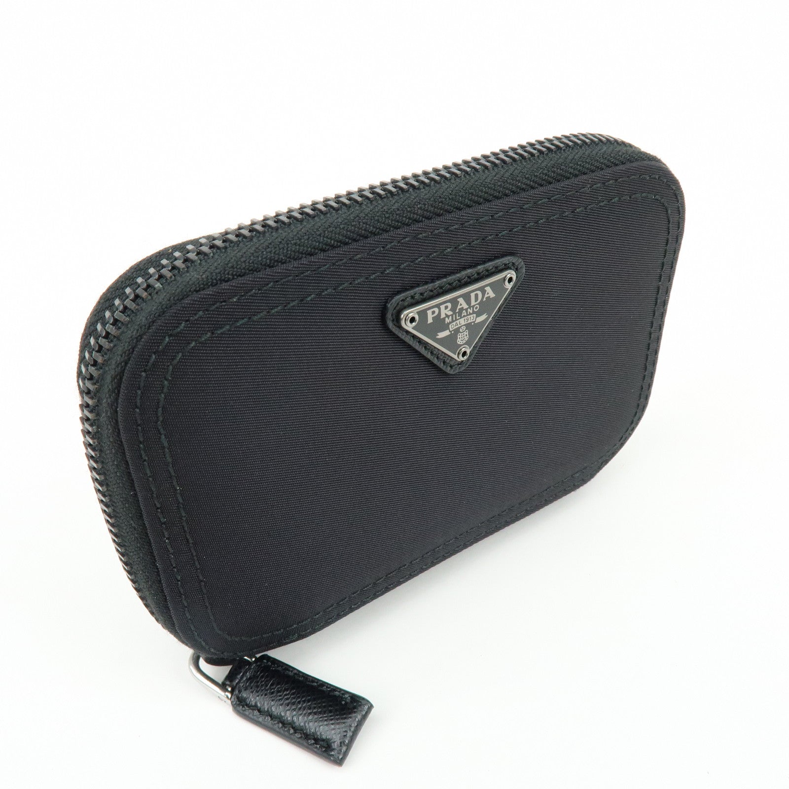 PRADA Triangle Logo Nylon Saffiano Leather Zippy Key Case Black 2PG003