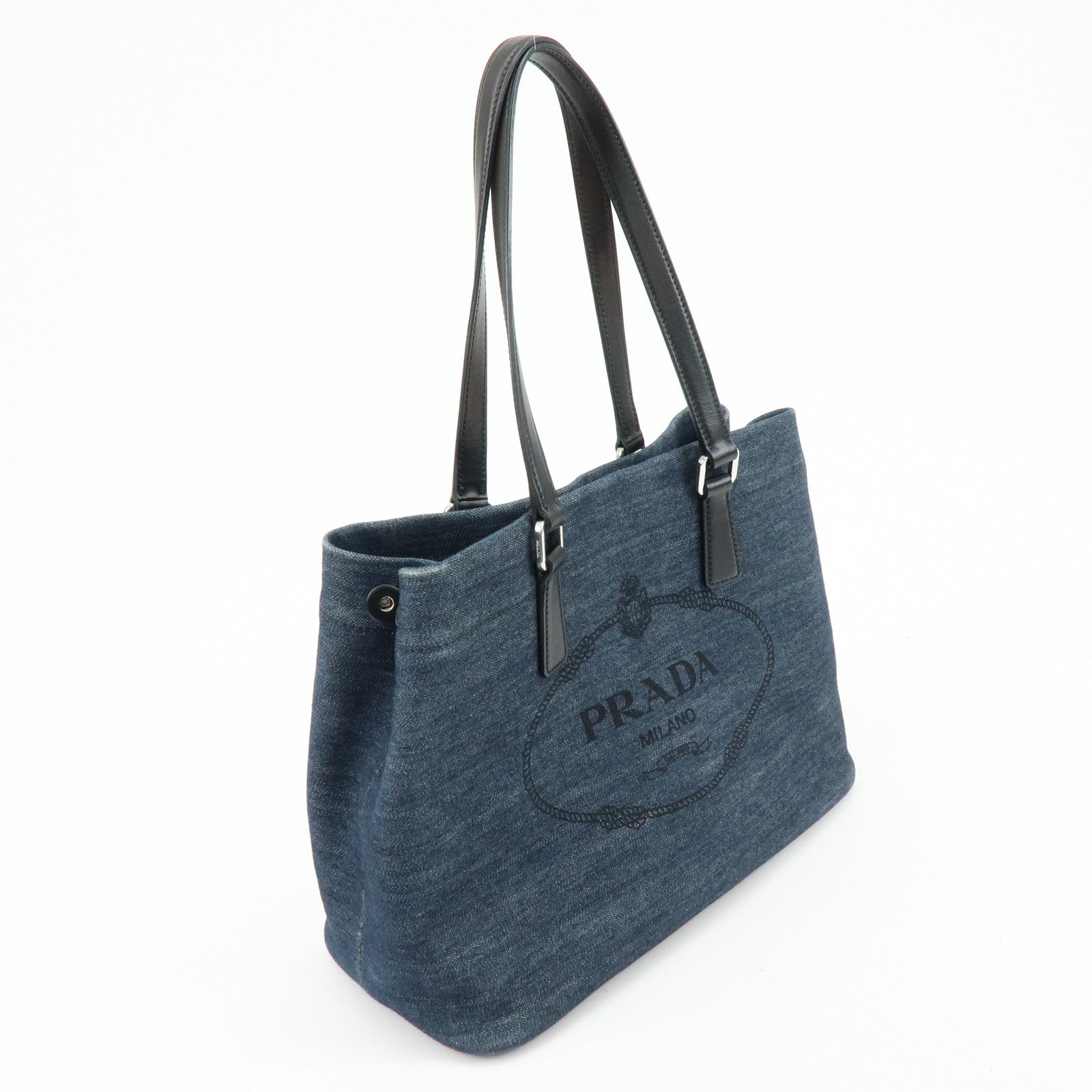 PRADA Logo Denim Leather Tote Bag Shoulder Hand Bag Navy Black 1BG356