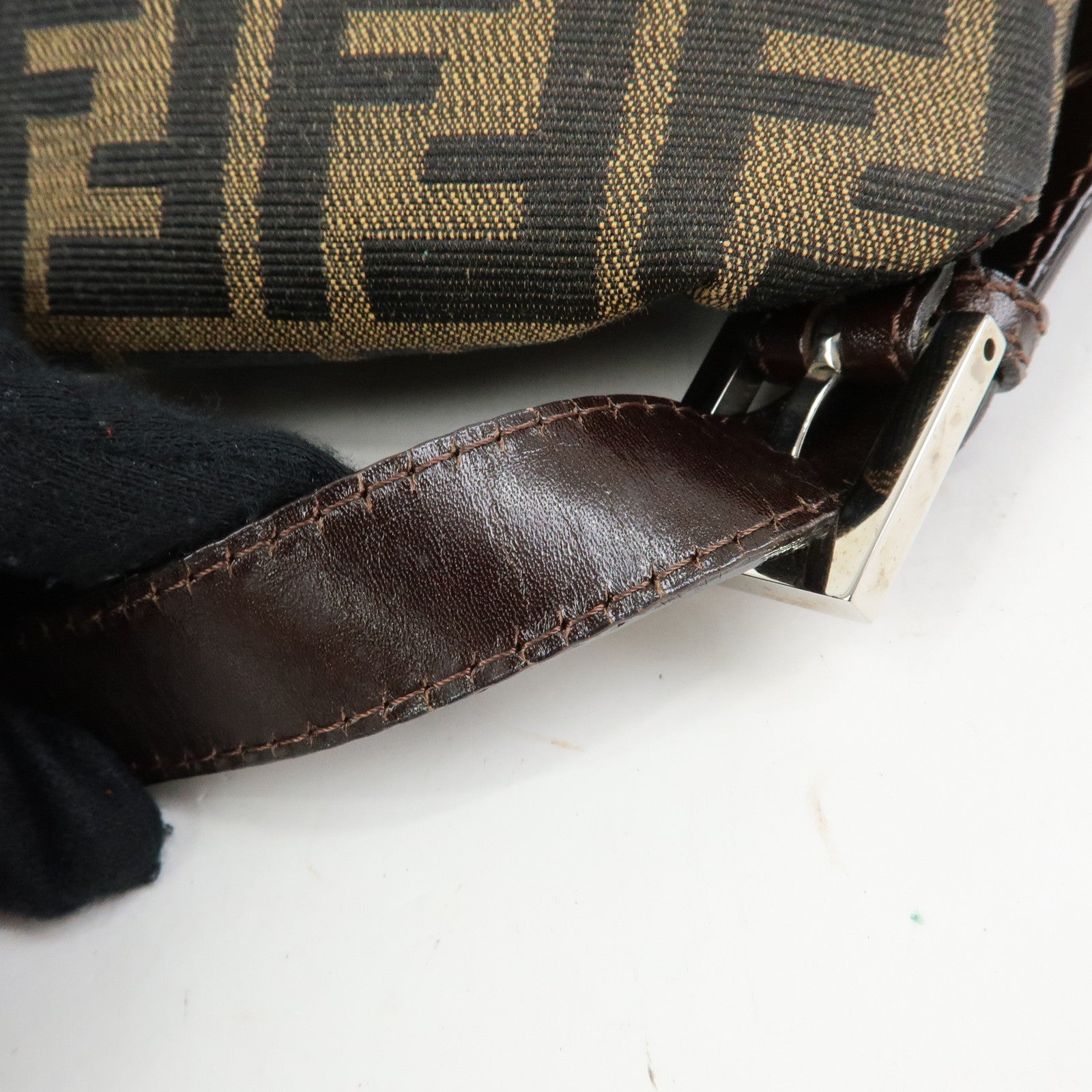 FENDI Mamma Baguette Zucca Canvas Leather Shoulder Bag Brown 26424