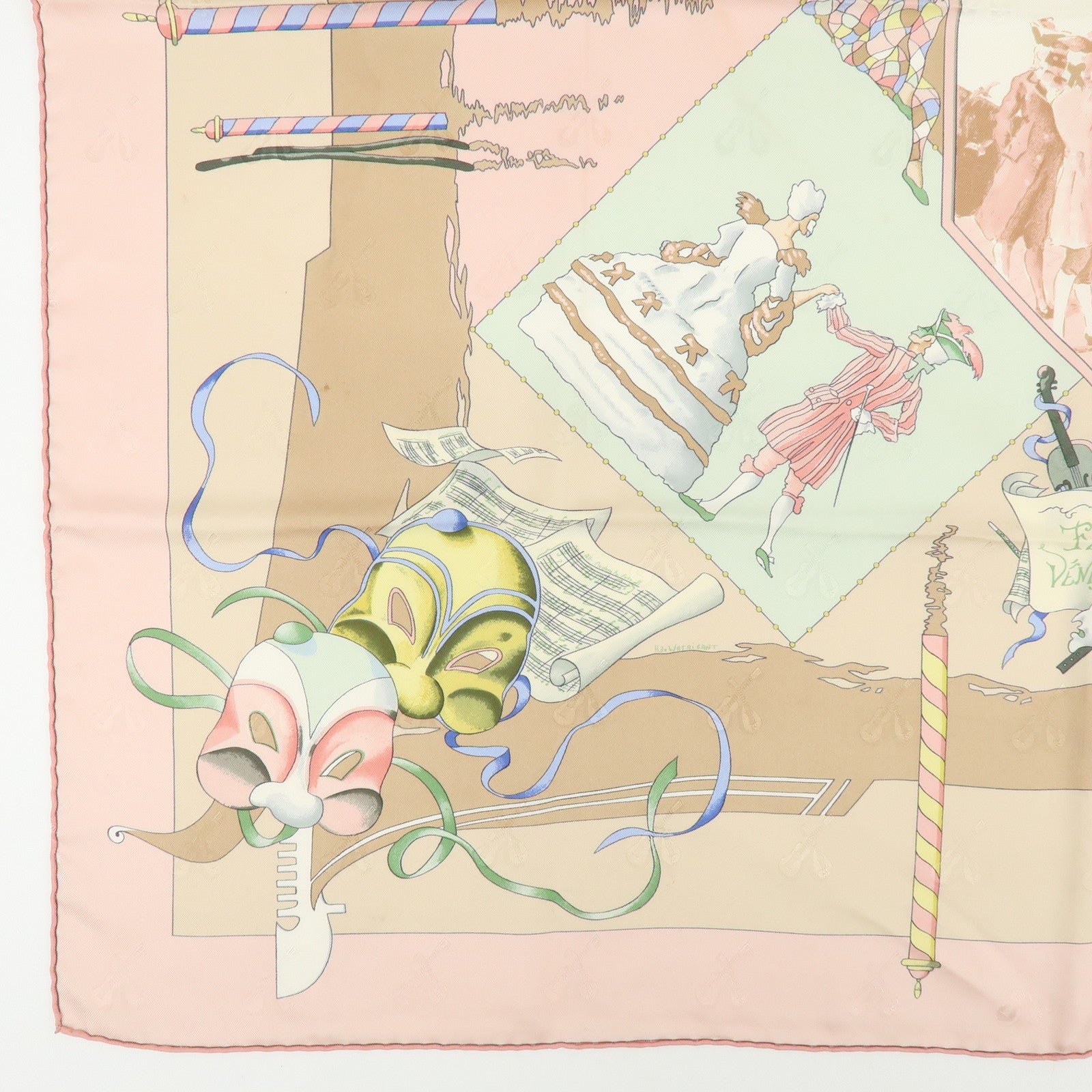 HERMES Carre 90 Silk 100% Scarf LE CARNAVAL DE VENISE Beige Pink