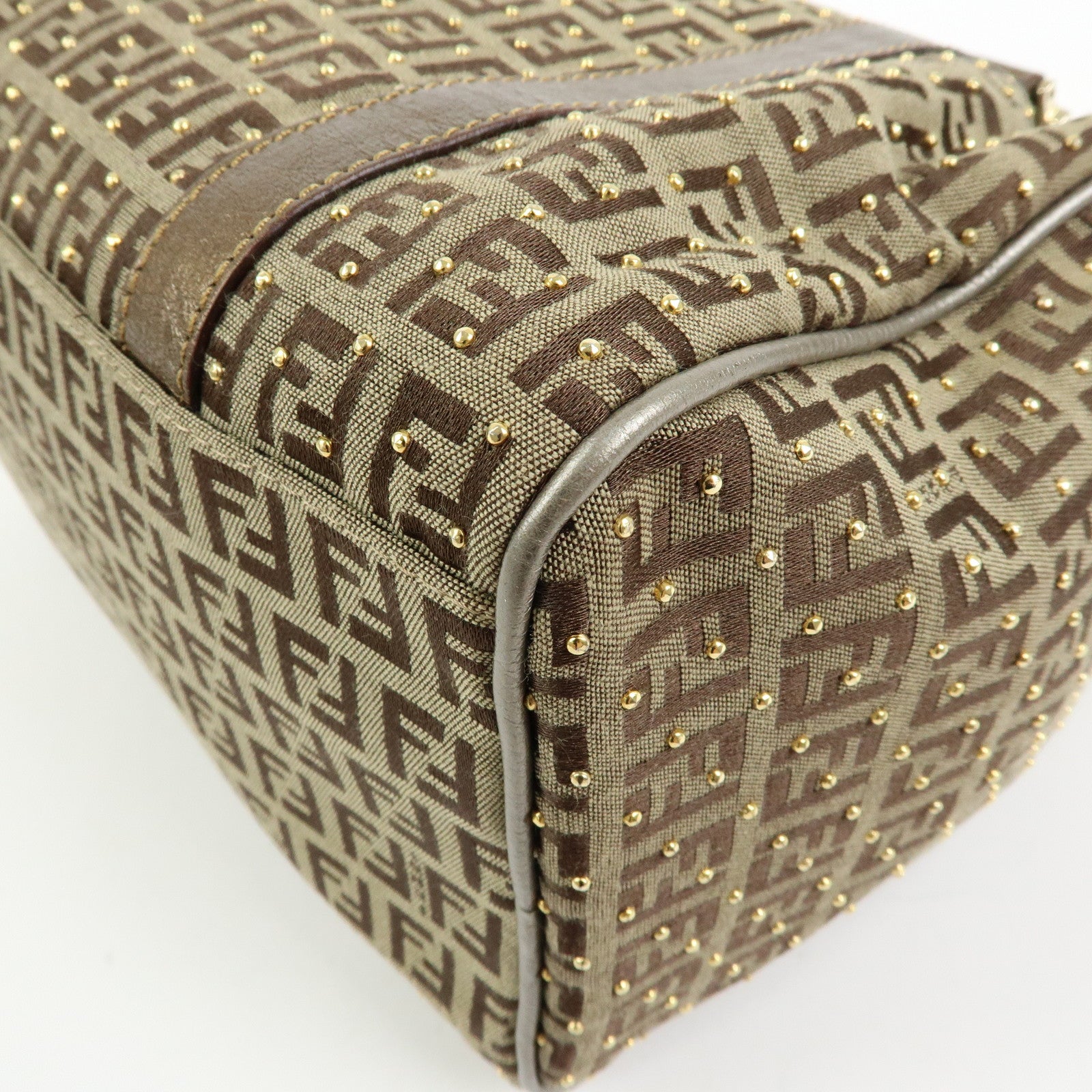 FENDI Zucchino Canvas Leather Boston Bag Hand Bag Beige Gold 8BL068