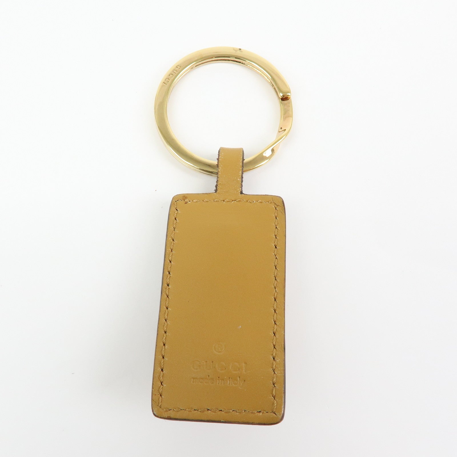 GUCCI Tiger Head Leather Metal Bag Charm Key Holder Brown Gold