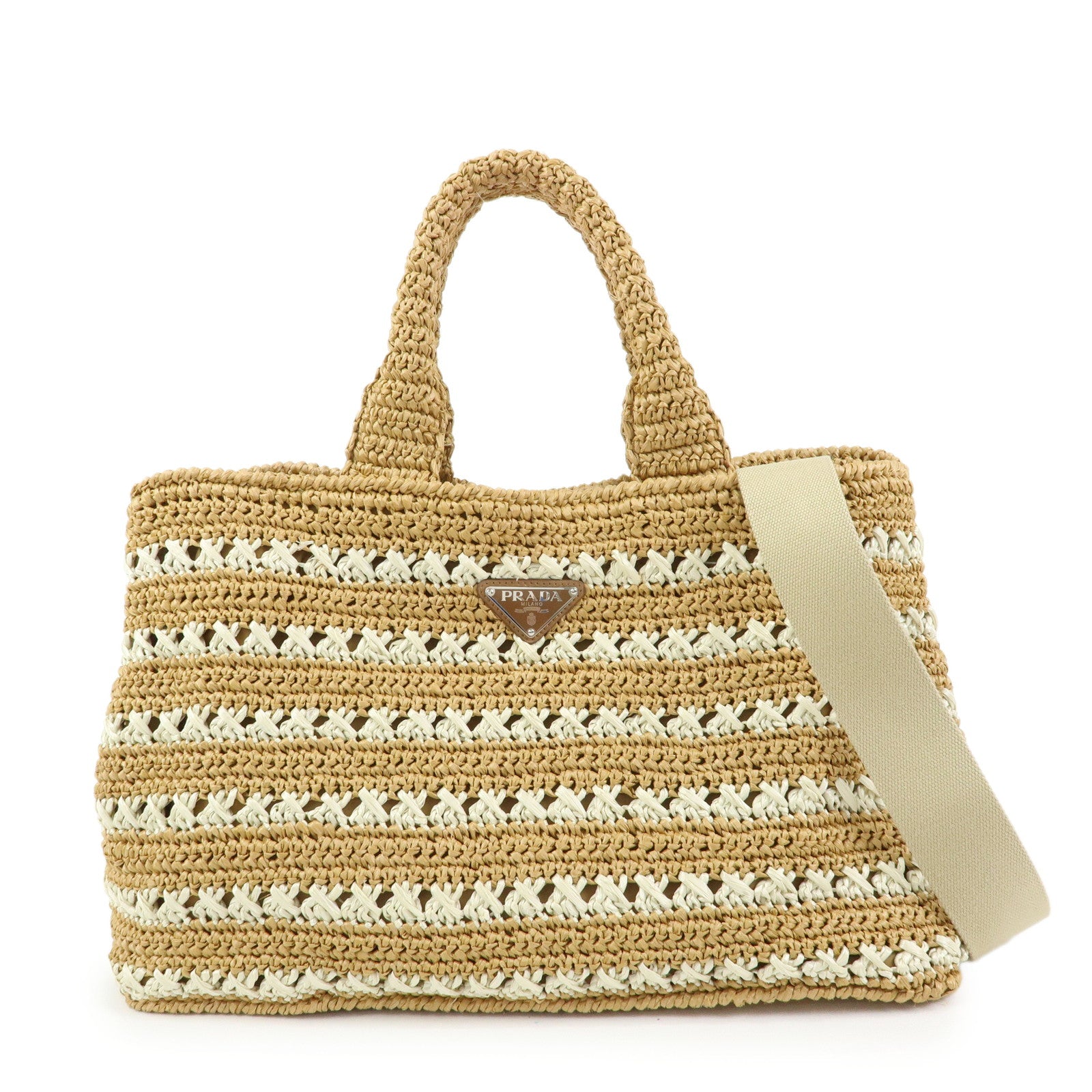 PRADA Canapa Raffia 2Way Bag Hand Bag Shoulder Bag Beige BN2888