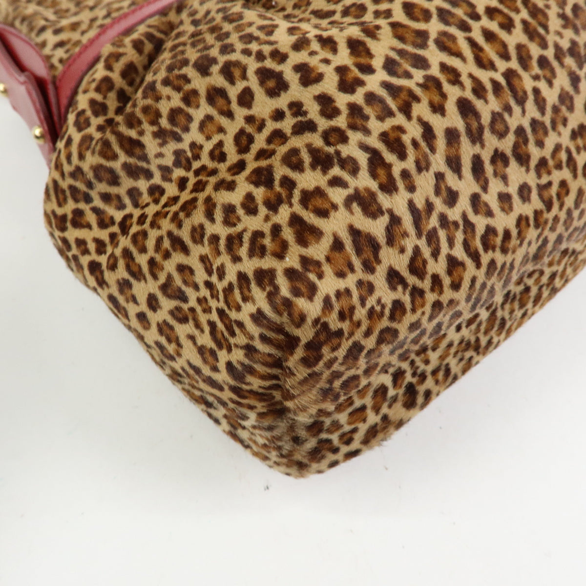 FENDI Pony Hair Leather Leopard Shoulder Bag Hand Bag Brown Red 8BR448