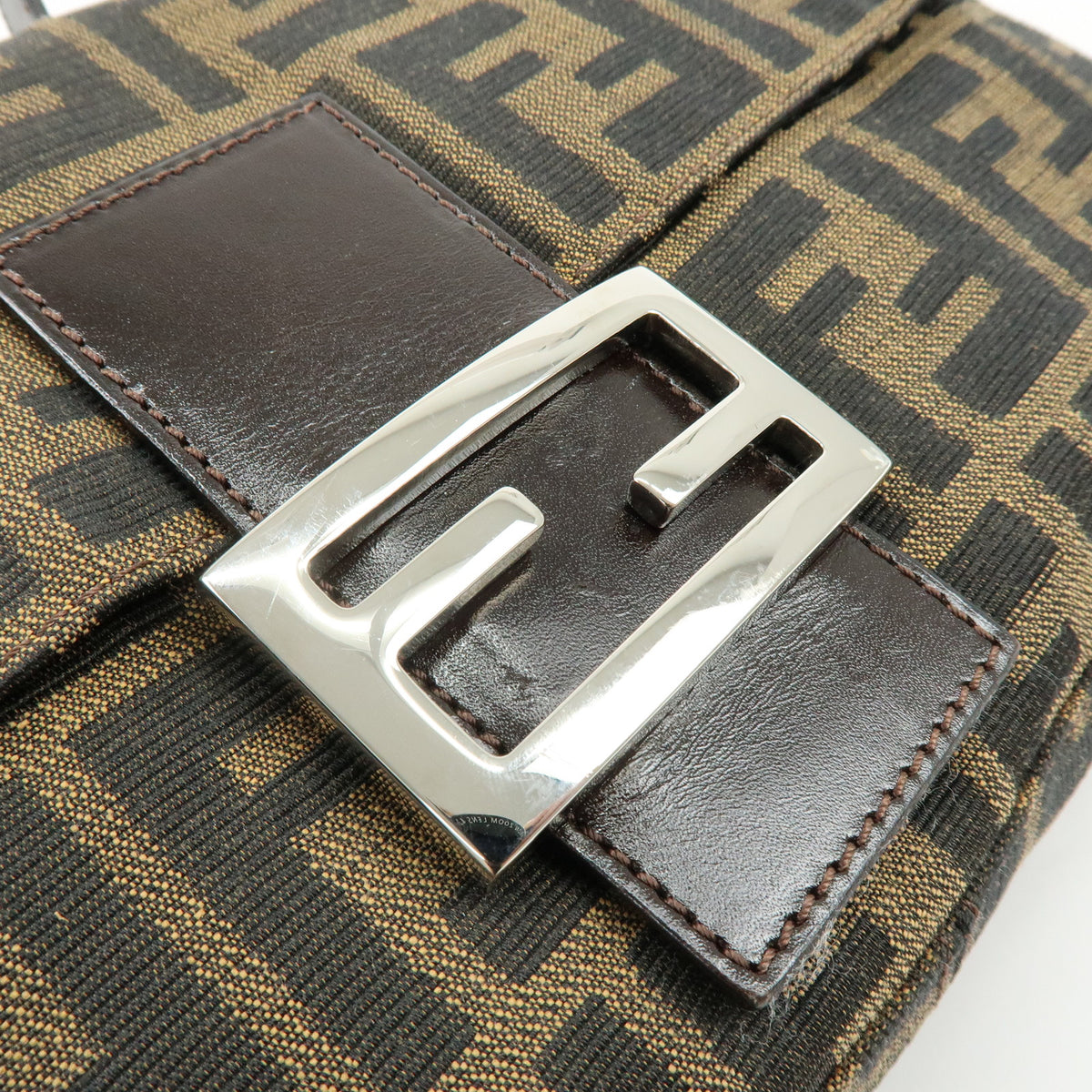 FENDI Mamma Baguette Zucca Canvas Leather Shoulder Bag Brown 26424