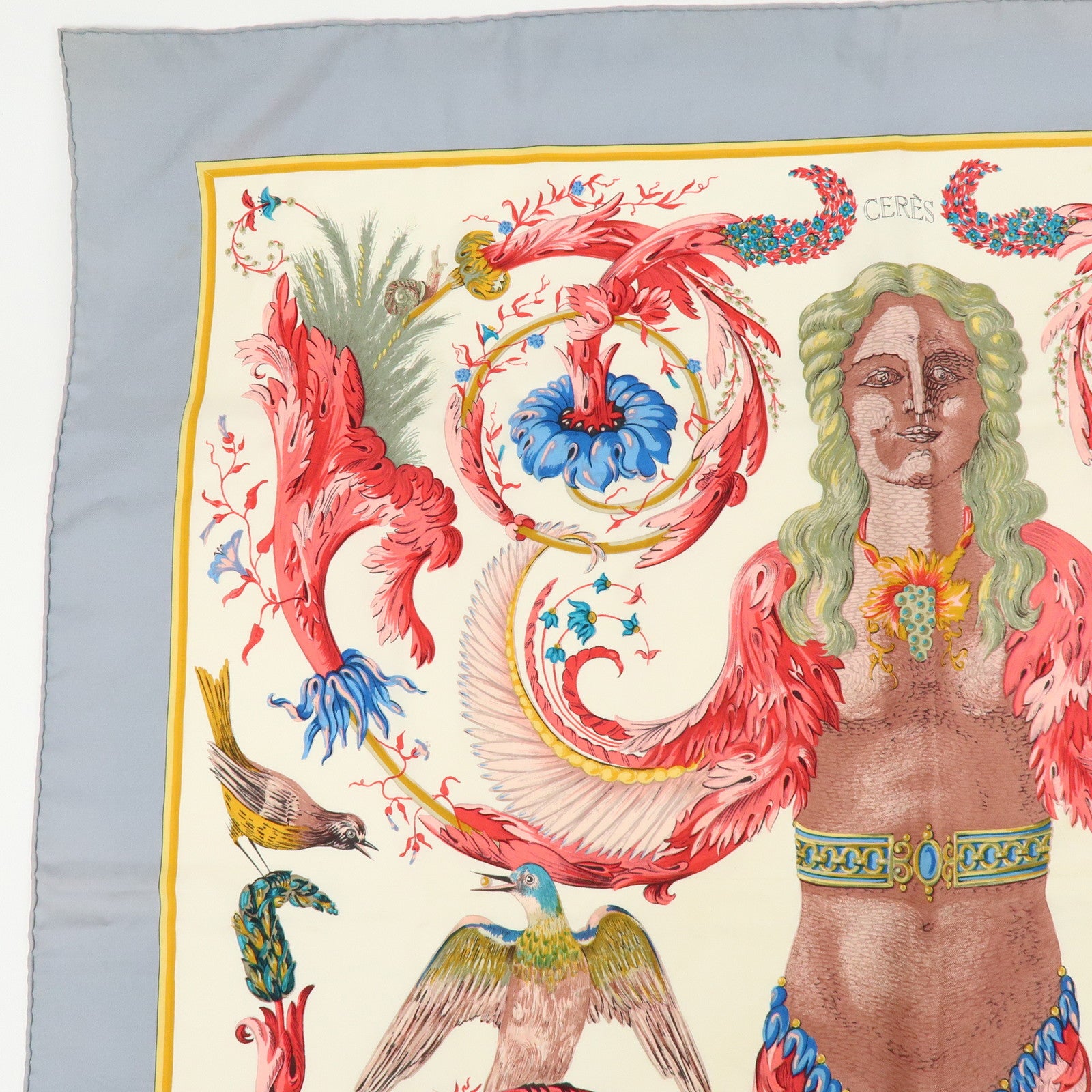 HERMES Carre 90 Silk 100% Scarf CERES Gray Red