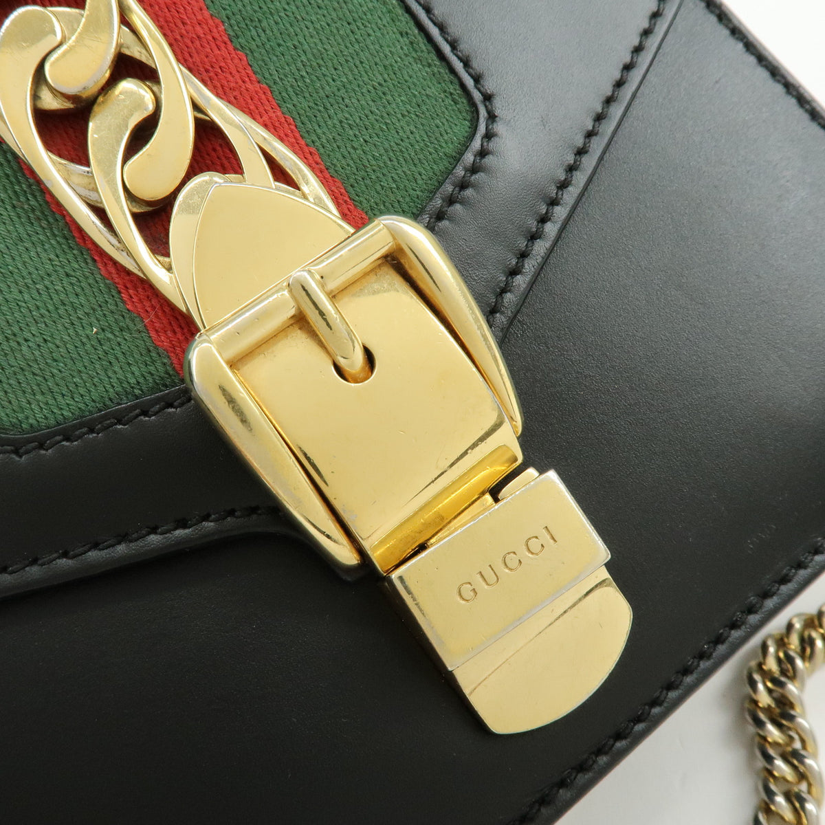 GUCCI Sylvie Sherry Leather Chain Shoulder Bag Crossbody Bag Black