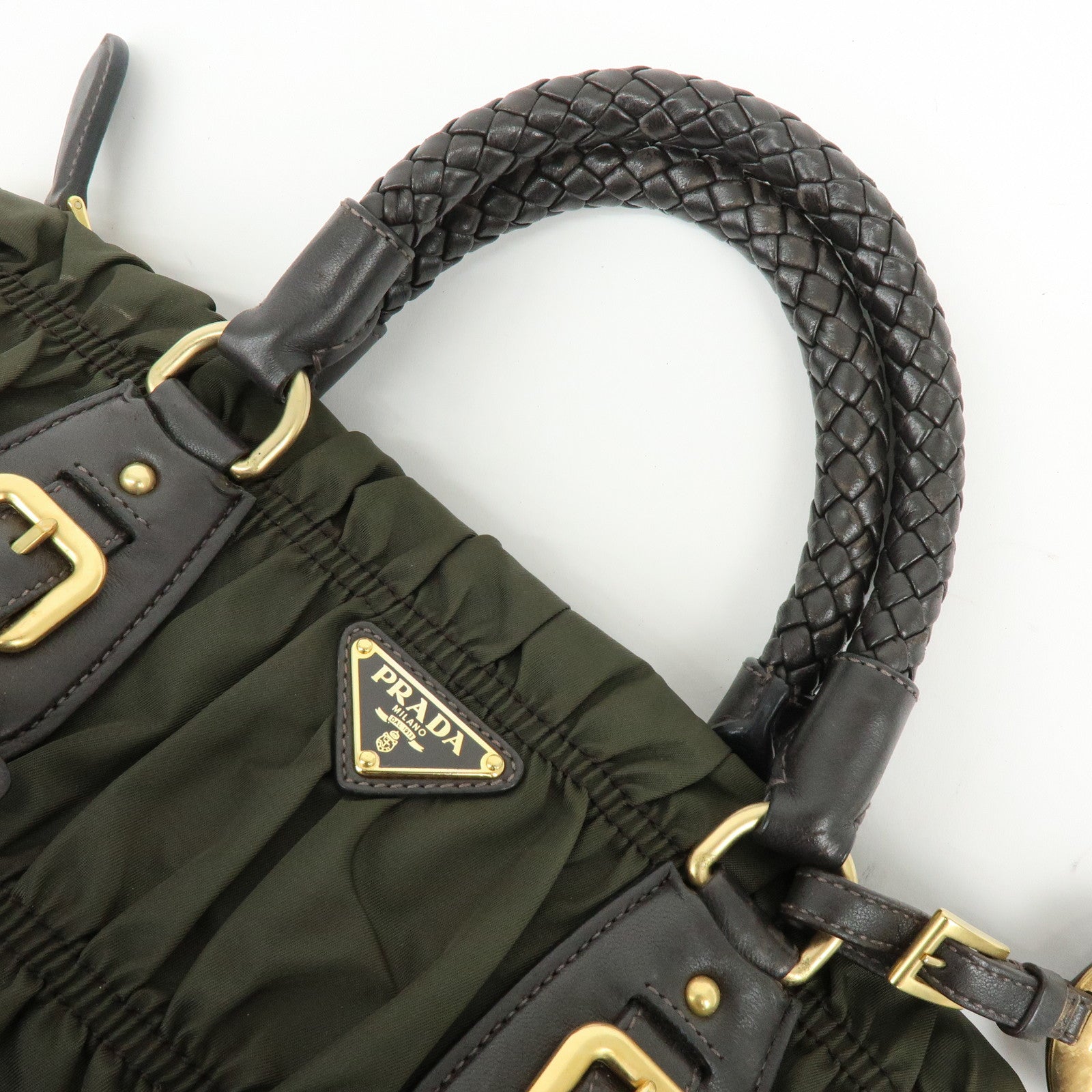 PRADA Triangle Logo Gathered Nylon Leather 2Way Bag Hand Bag BN1407