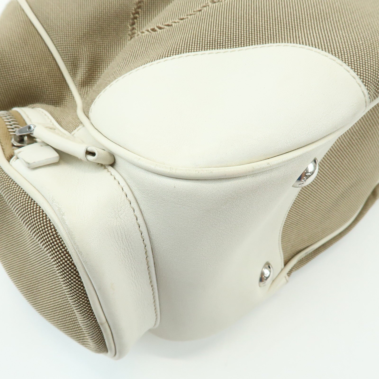 PRADA Triangle Logo Nylon Jacquard Leather Shoudler Bag Beige Ivory