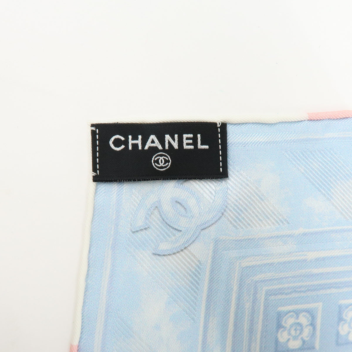 CHANEL COCO Mark Silk 100% Scarf Pink Sky Blue White