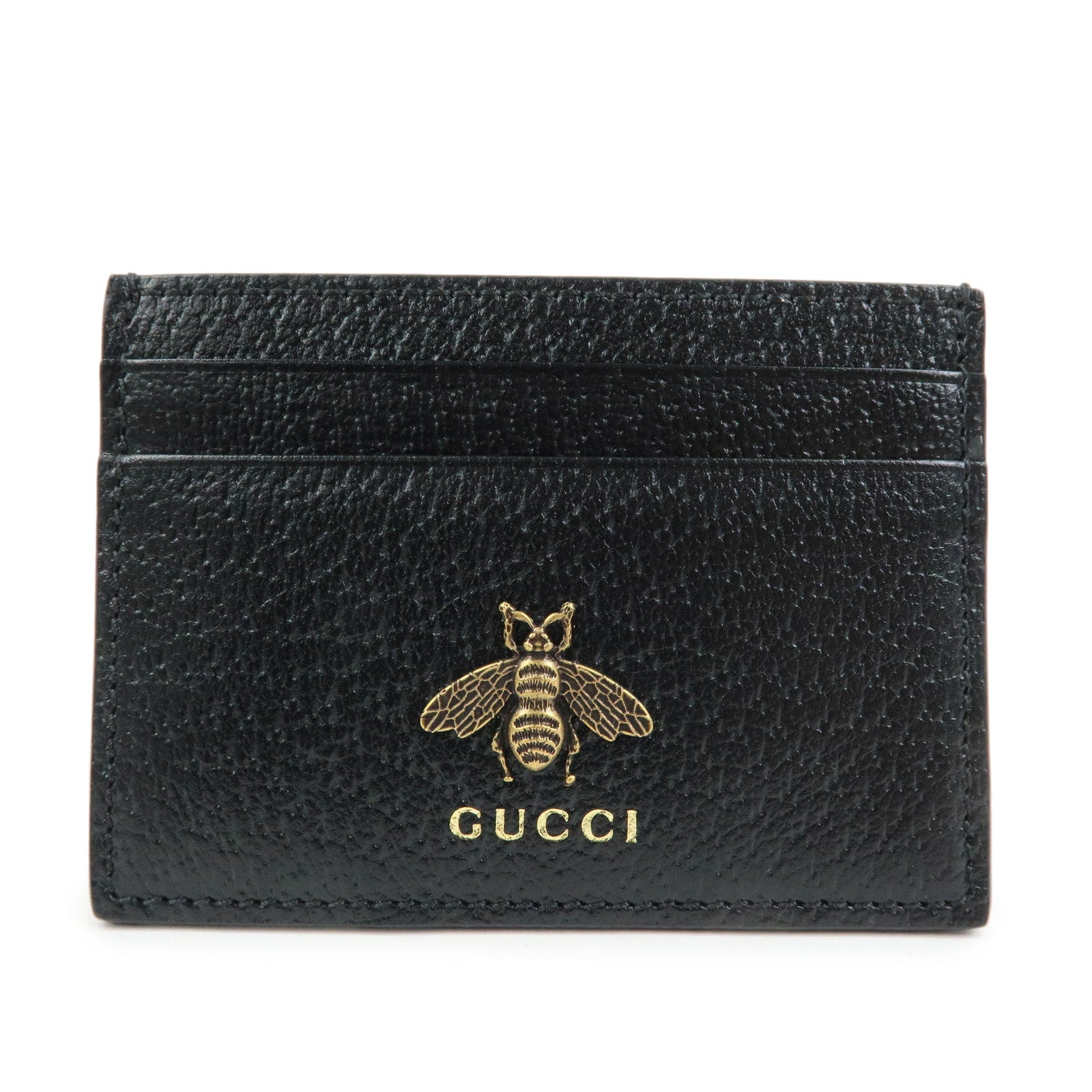 GUCCI Animalier Leather Card Case Card Holder Bee Motif Black 523685