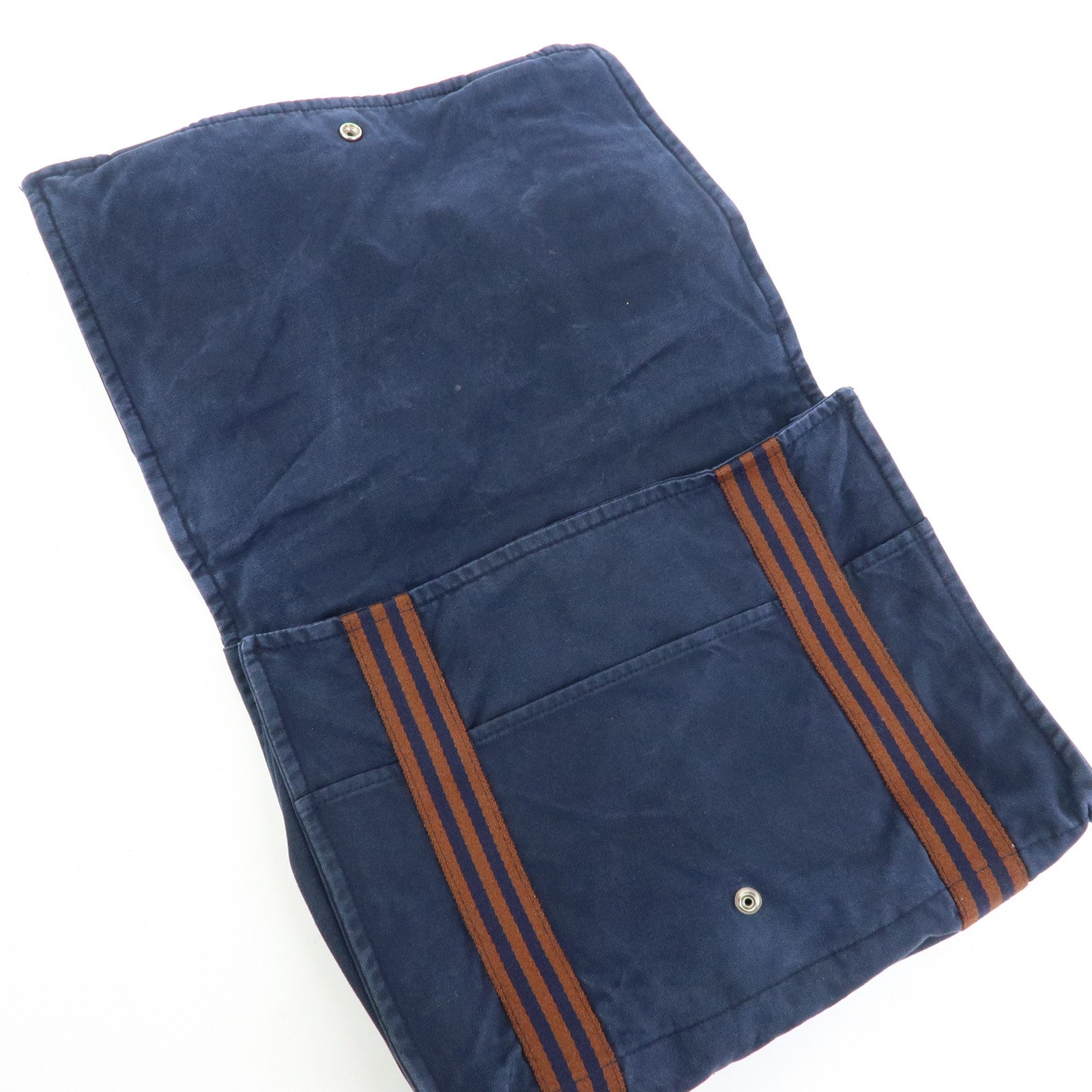 HERMES Besace MM Fourre Tout Canvas Shoulder Crossbody Bag Navy Brown