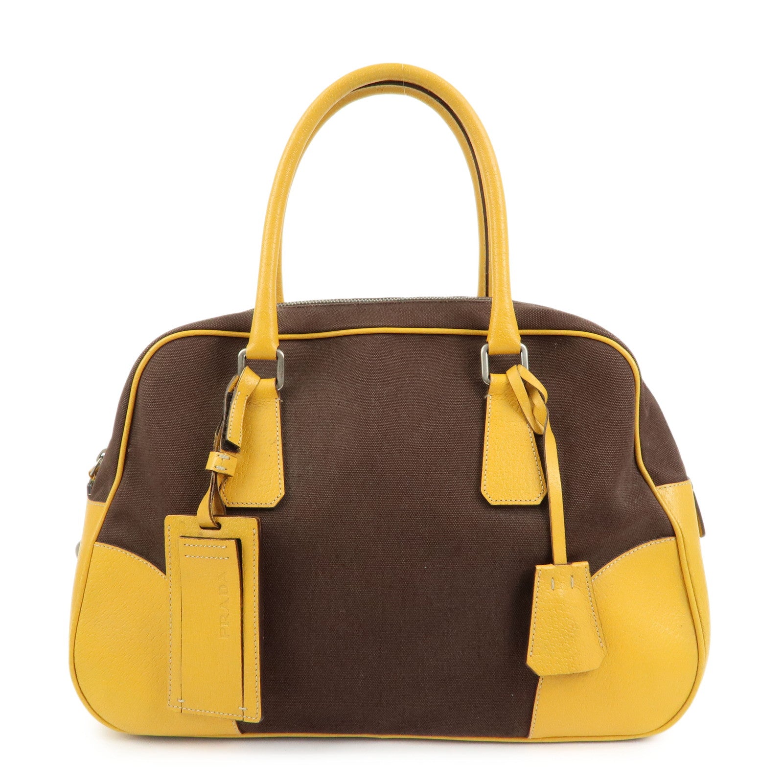 PRADA Triangle Logo Canvas Leather Boston Bag Brown Yellow B10813