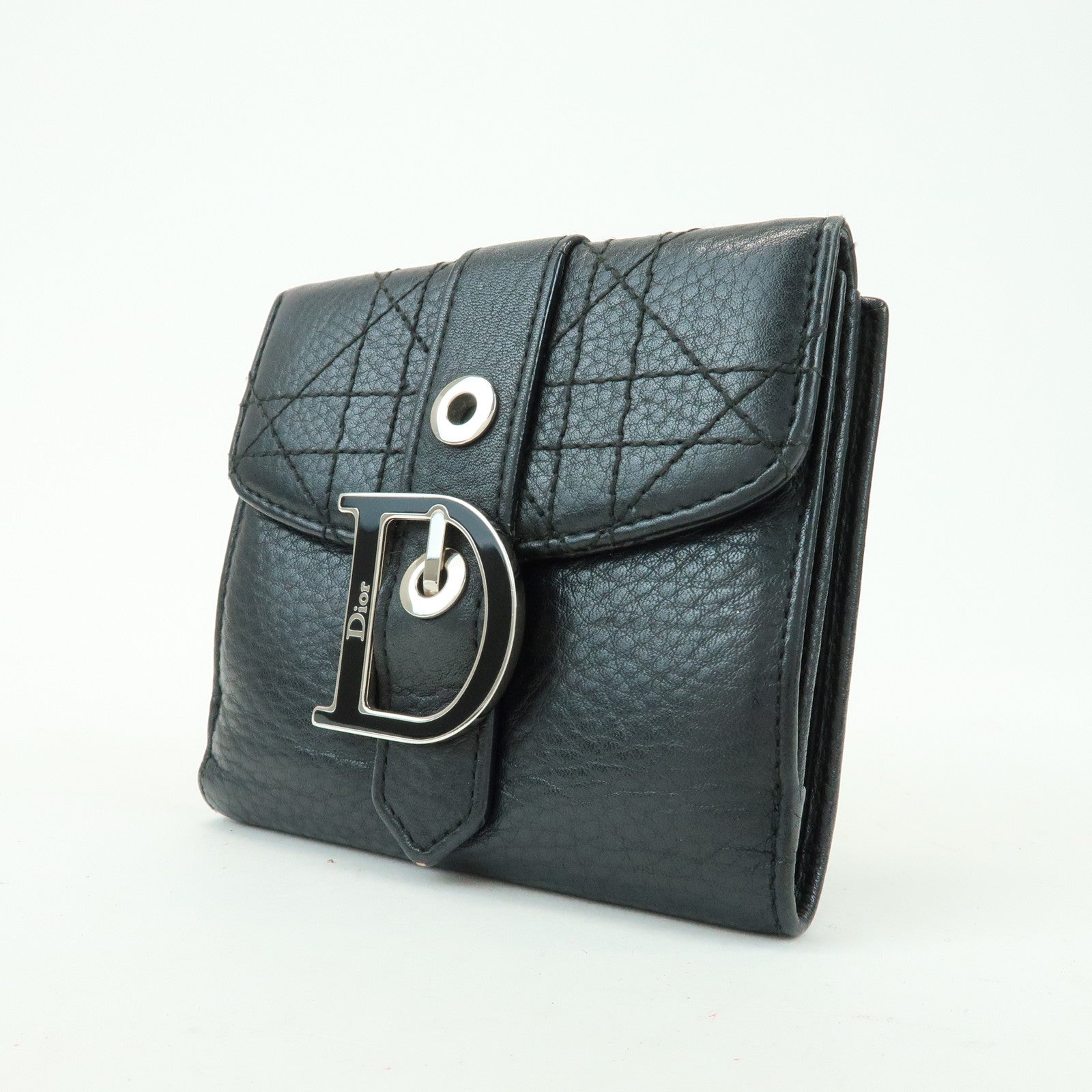 Christian Dior Cannage D Logo Leather Bi-fold Compact Wallet Black