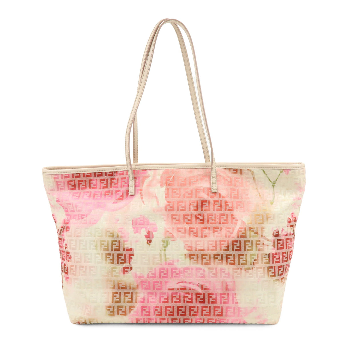 FENDI Zucchino Canvas Leather Tote Bag Flower Vanilla Pink Green 8BH185