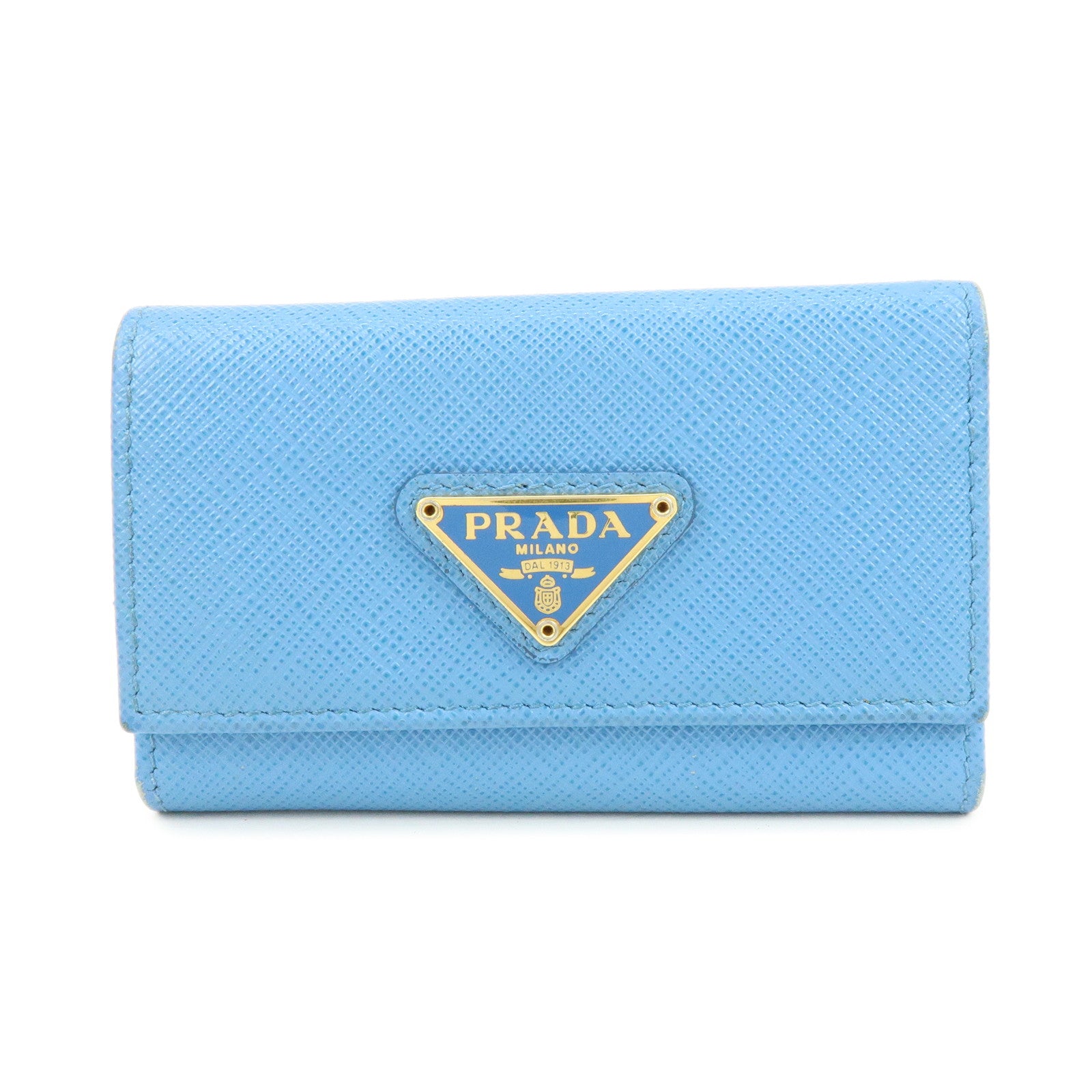PRADA Triangle Log Saffiano Leather Key Case Key Holder Blue