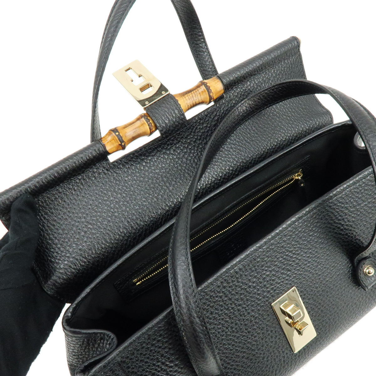 GUCCI Bamboo Leather Hand Bag Shoulder Bag Black 111713