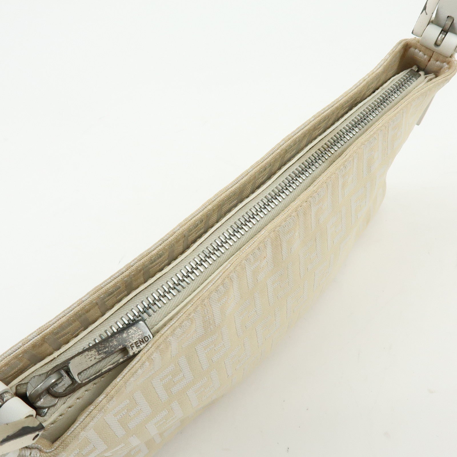 FENDI Zucchino Canvas Leather Shoulder Bag Hand Bag Beige White 8BR042