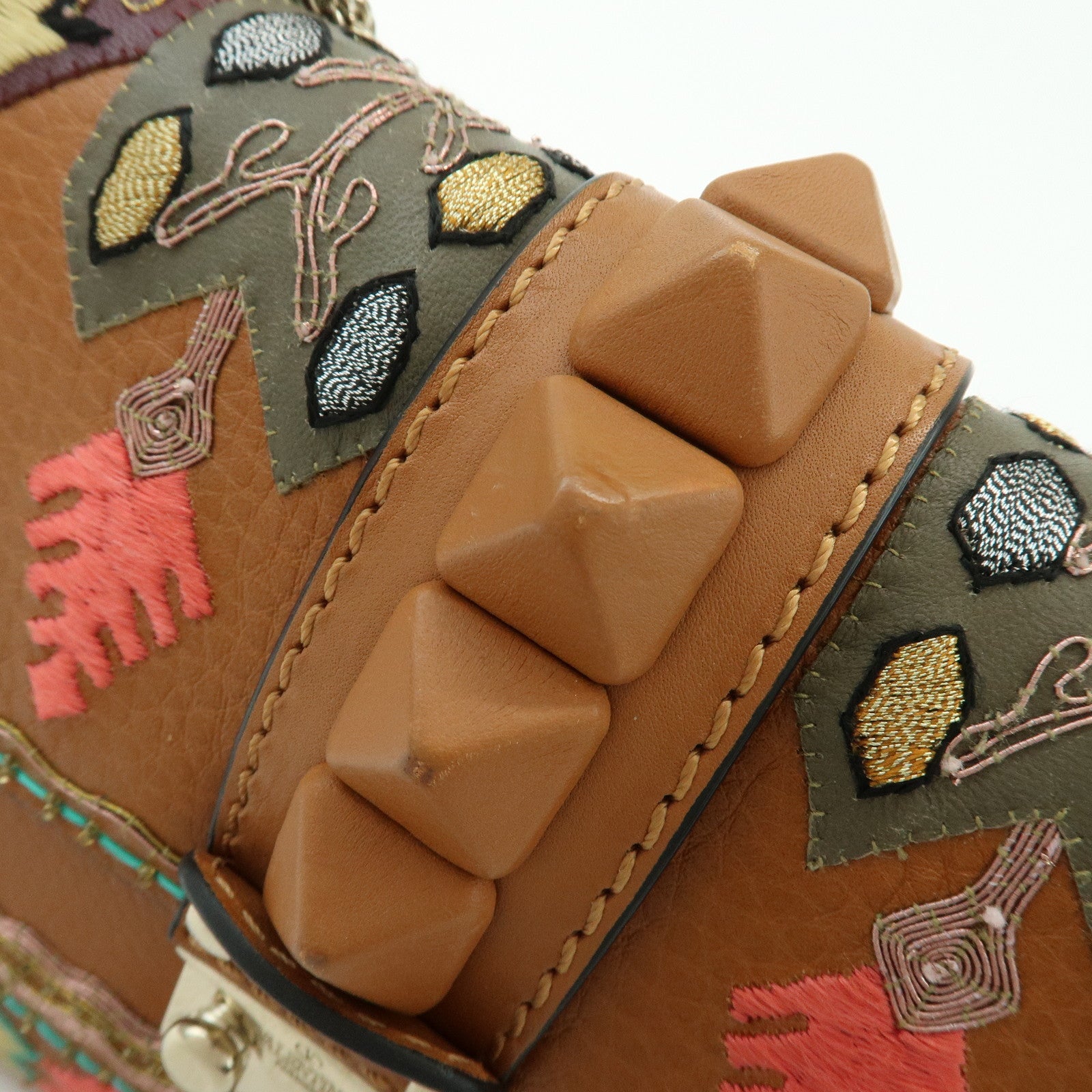 VALENTINO Glam Lock Embroidery Leather Chain Shoulder Bag Brown