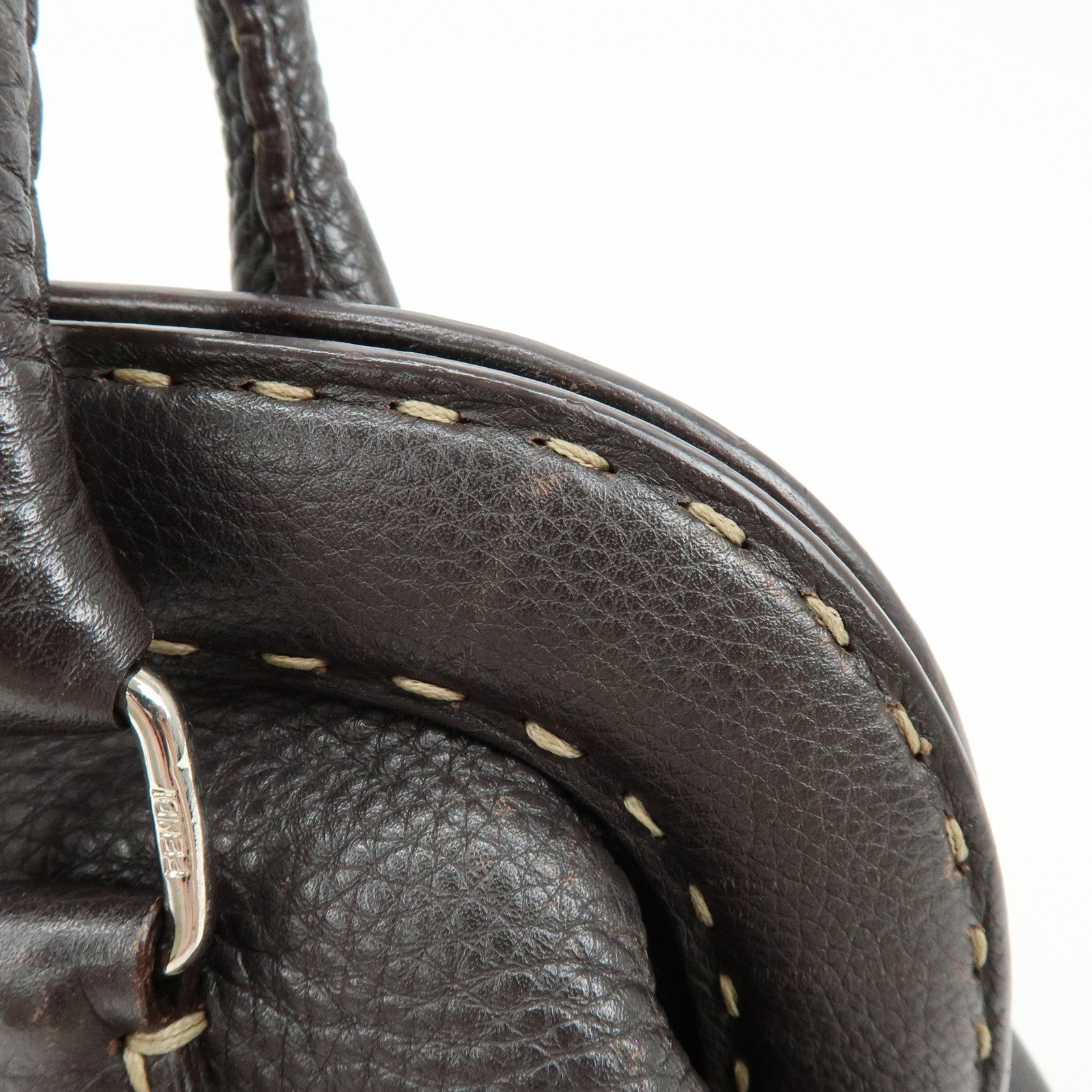 FENDI Selleria Stitches Leather Boston Bag Hand Bag Dark Brown 8BN127