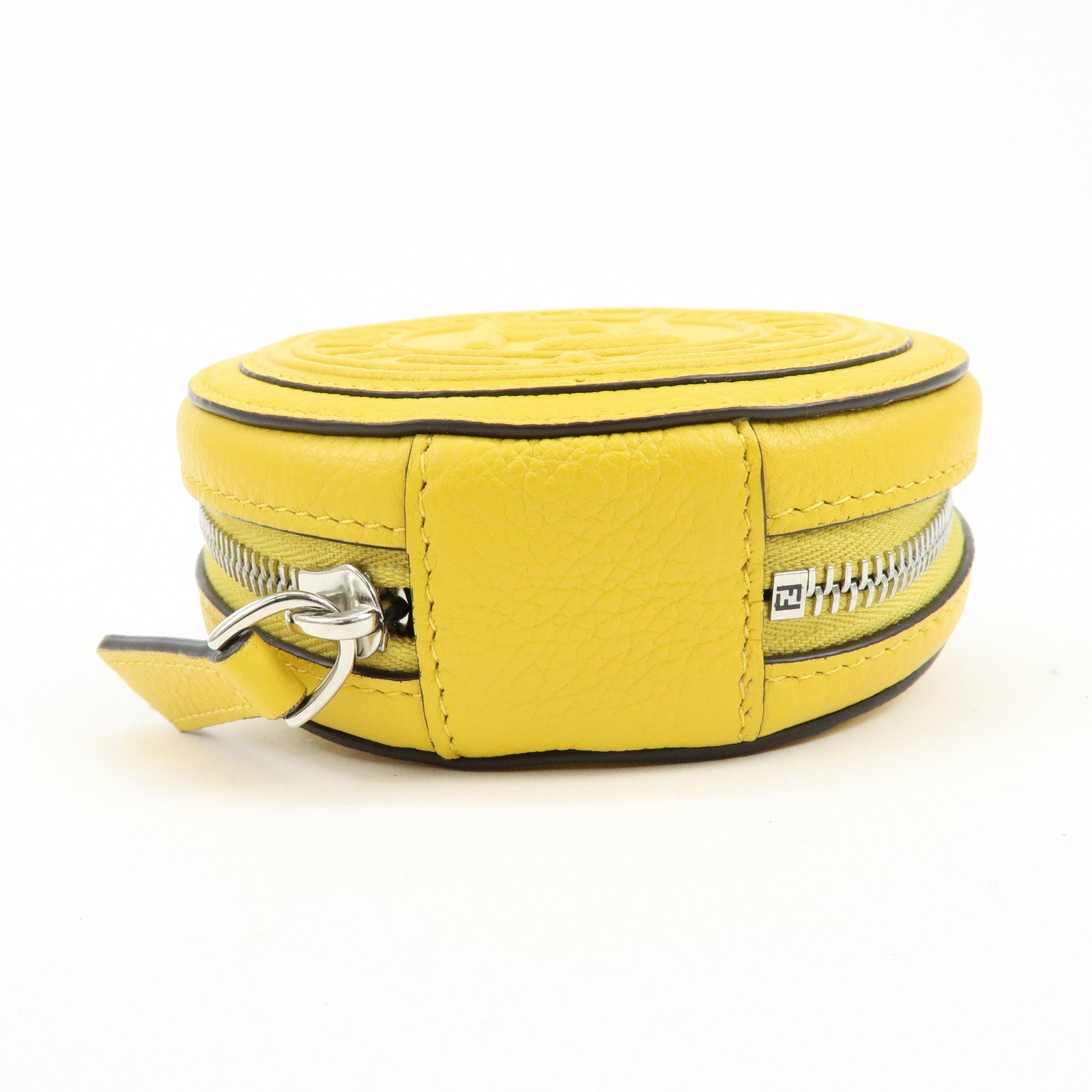 FENDI FF Logo Leather Round Zip Shoulder Bag Yellow 7M0359