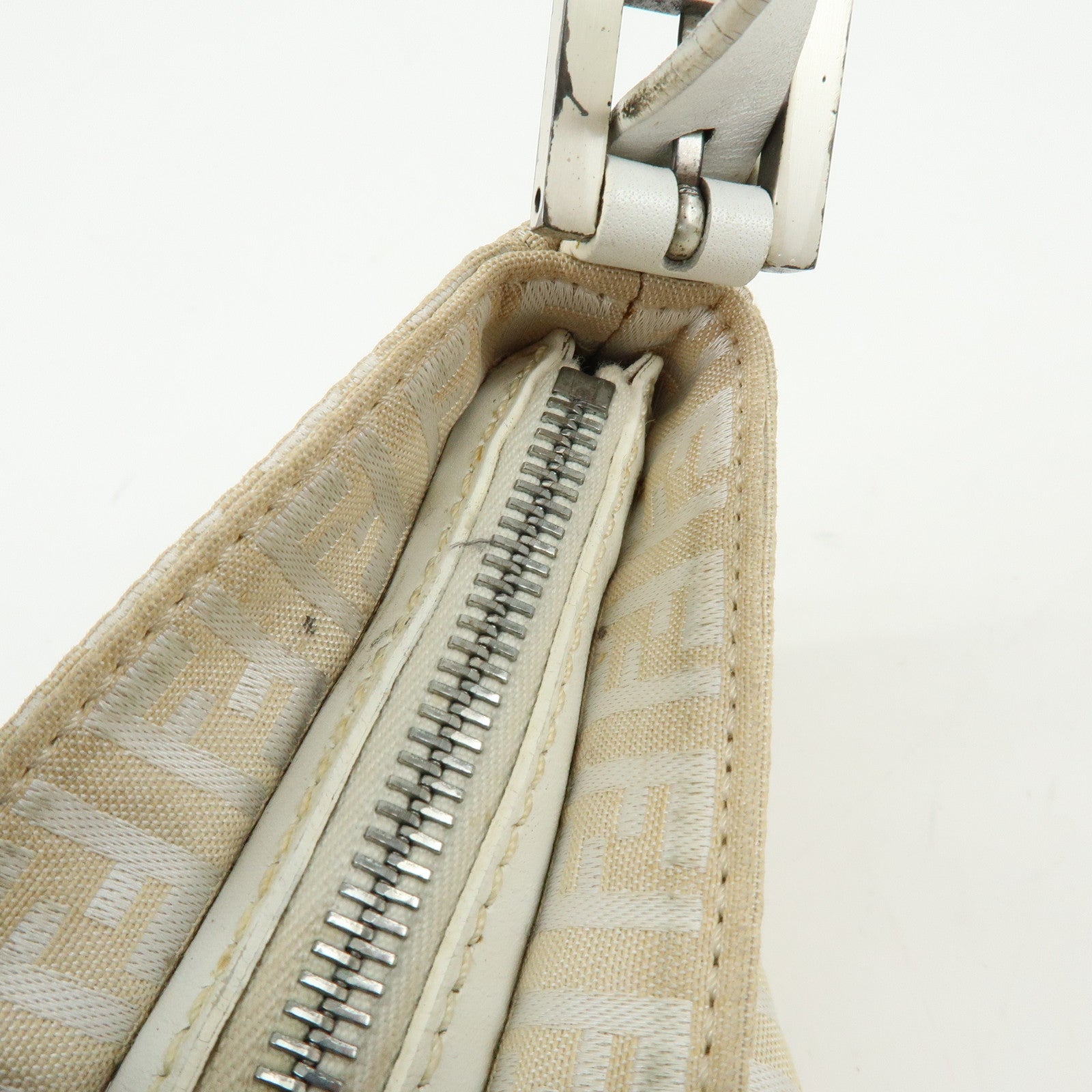 FENDI Zucchino Canvas Leather Shoulder Bag Hand Bag Beige White 8BR042