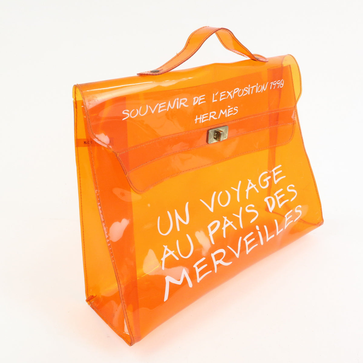 HERMES Vinyl Kelly Clear Hand Bag Transparent  Orange