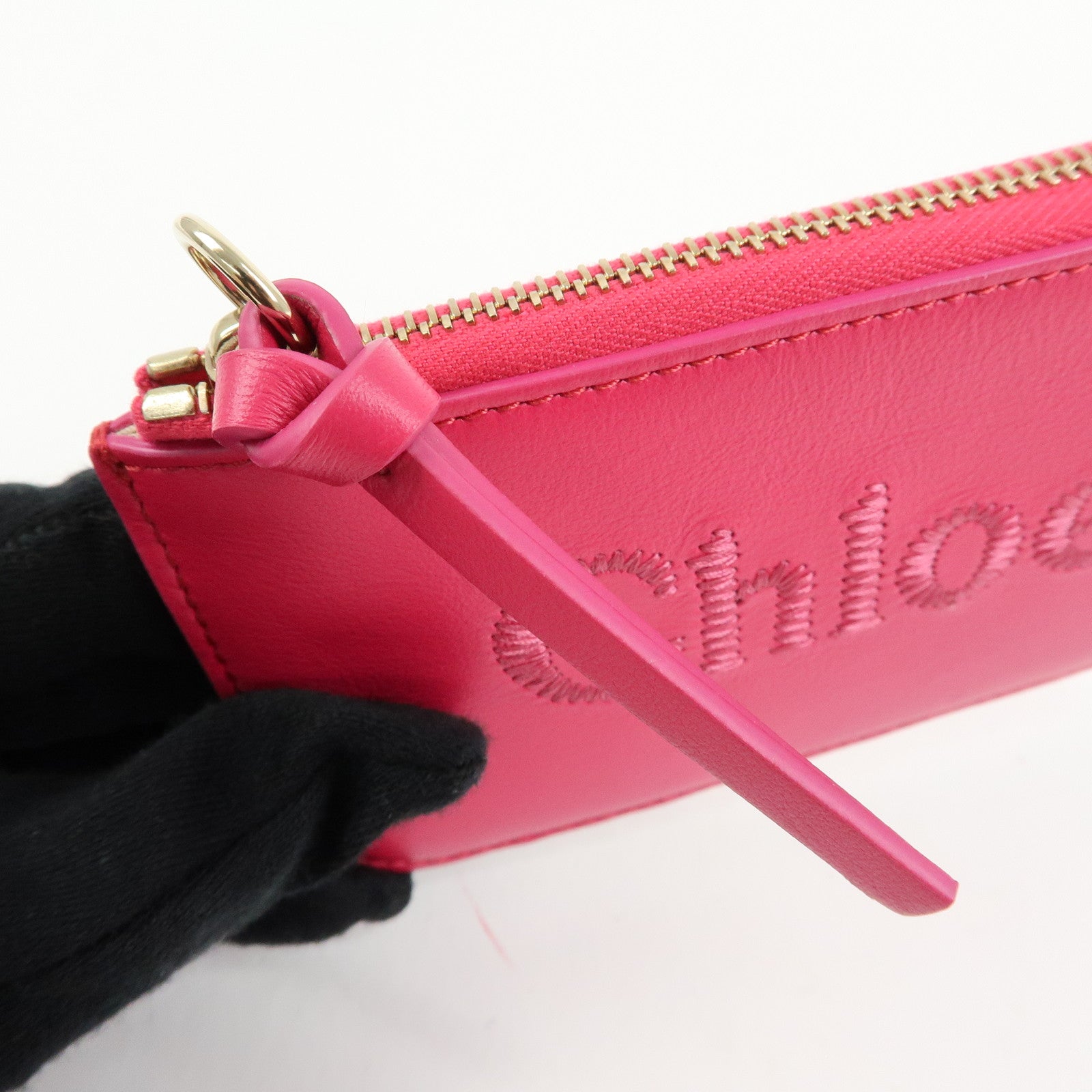 Chloe Logo Leather Card Case Key Case Pink