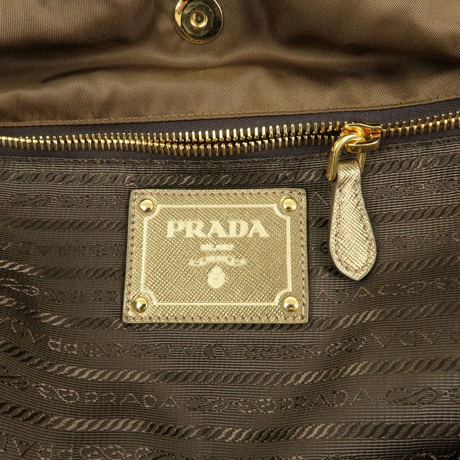 PRADA Bijoux Bear Motif Nylon Saffiano Leather Tote Bag Khaki Gold