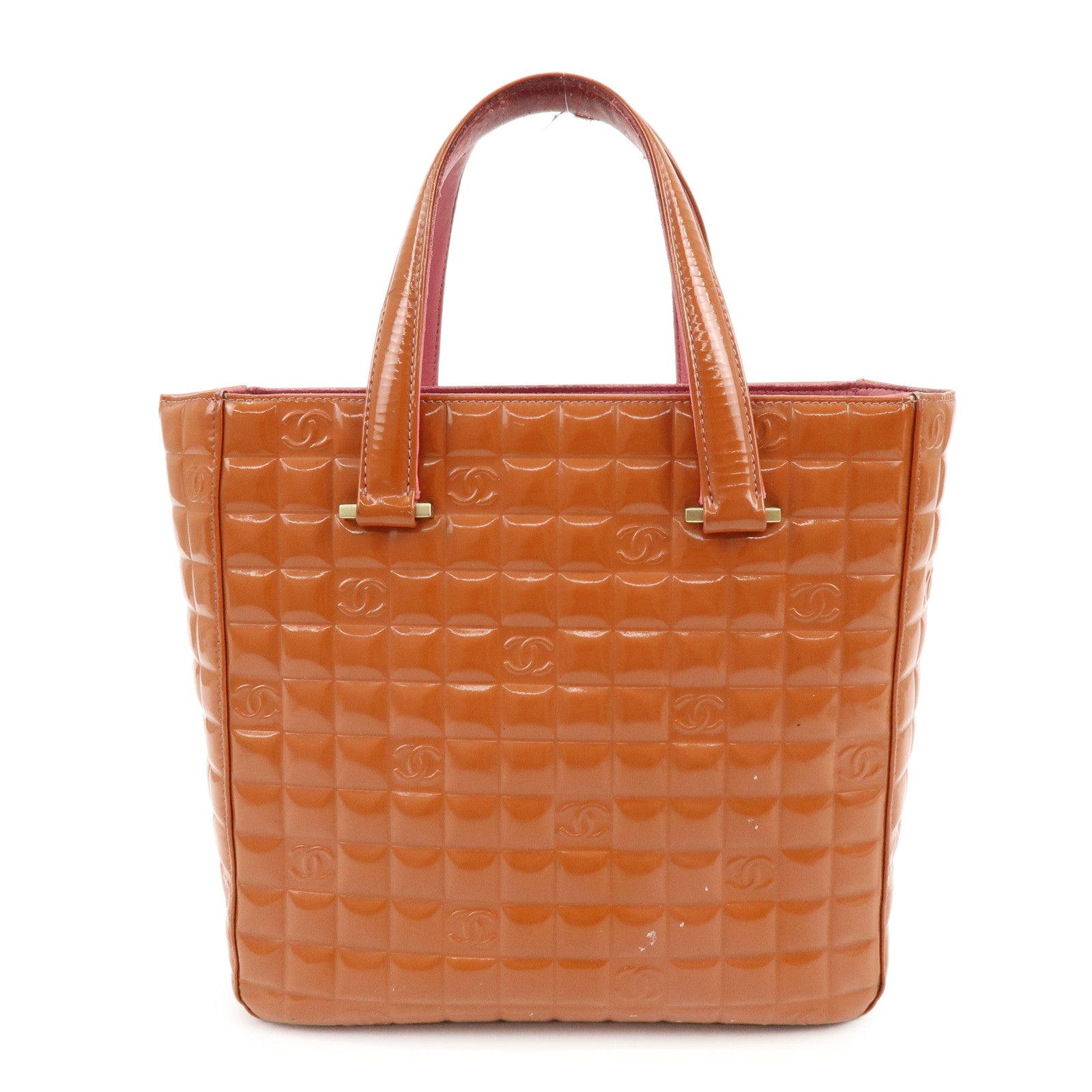 CHANEL Chocolate Bar COCO Mark Patent Leather Hand Bag Tote Bag Orange