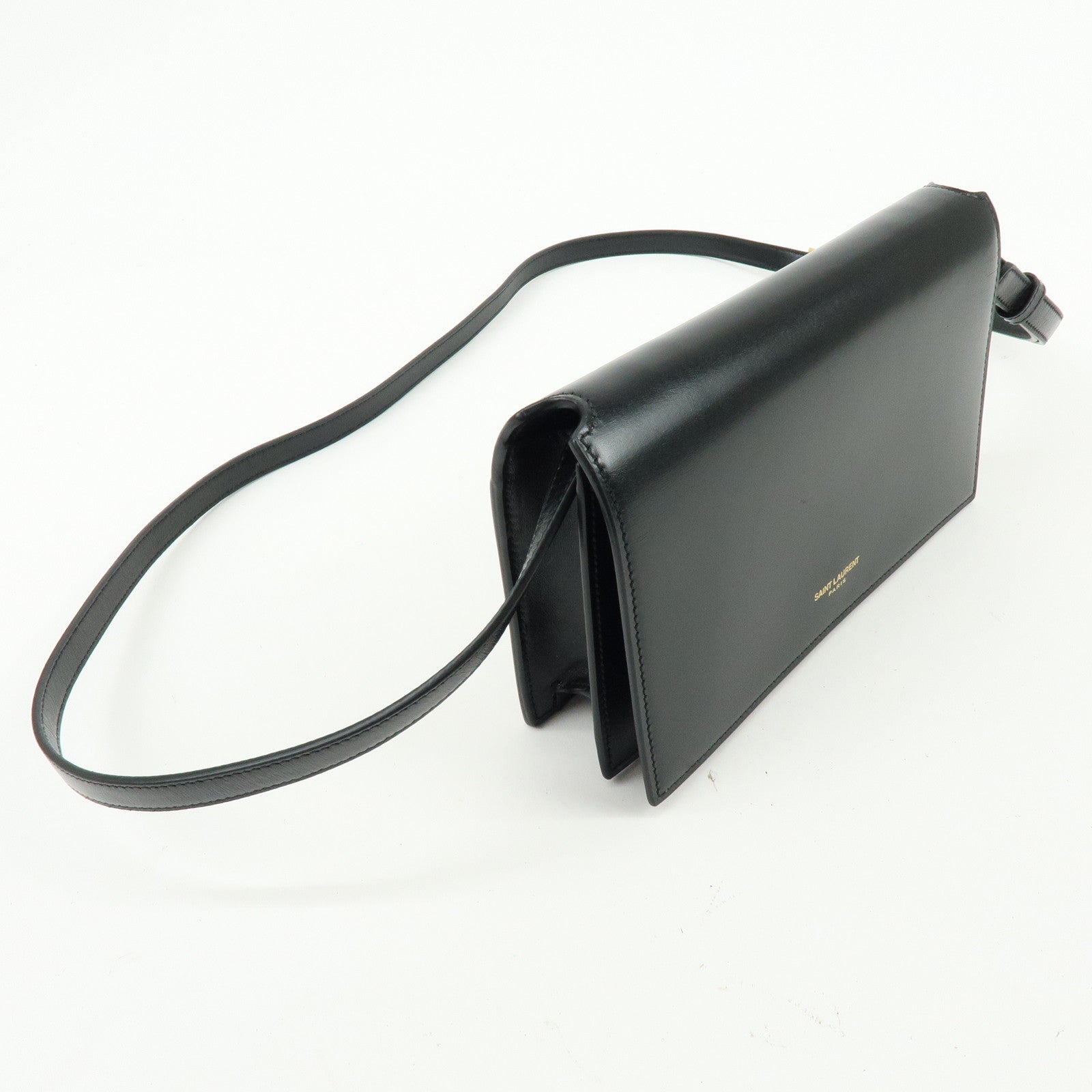 SAINT LAURENT PARIS Calf Leather Flap Shoulder Bag Black 769162