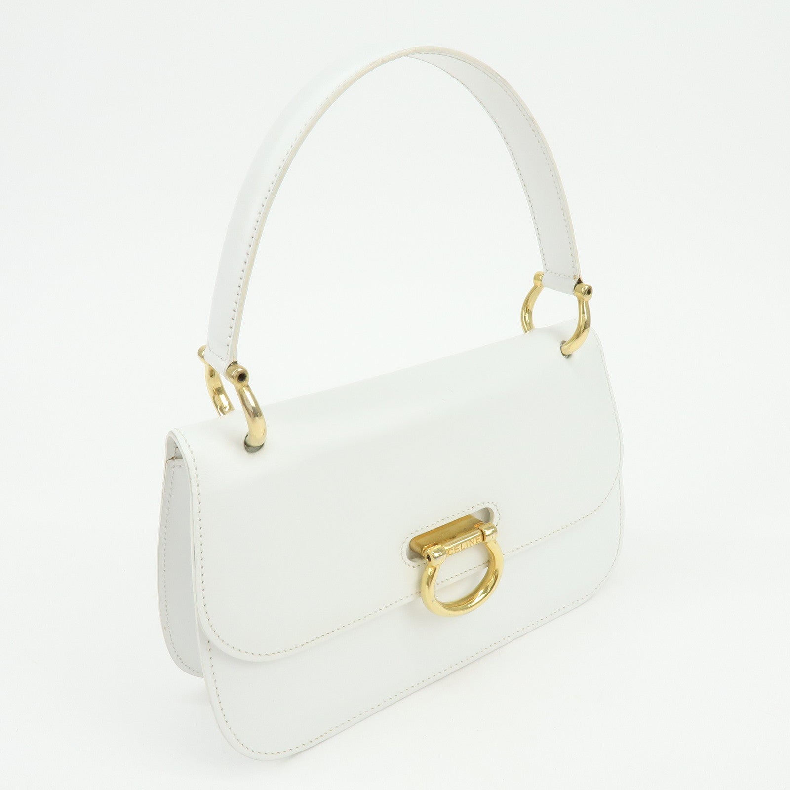 CELINE Leather Top Handle 2Way Bag Hand Bag Shoulder Bag White