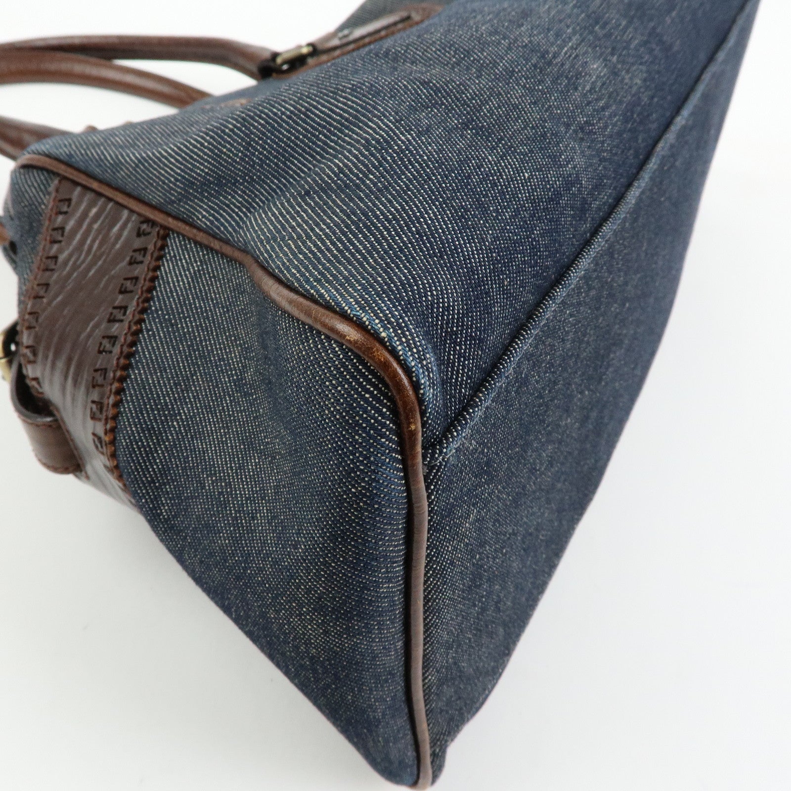 FENDI Etnico Leather Denim Tote Bag Shoulder Bag Brown Blue 8BN162